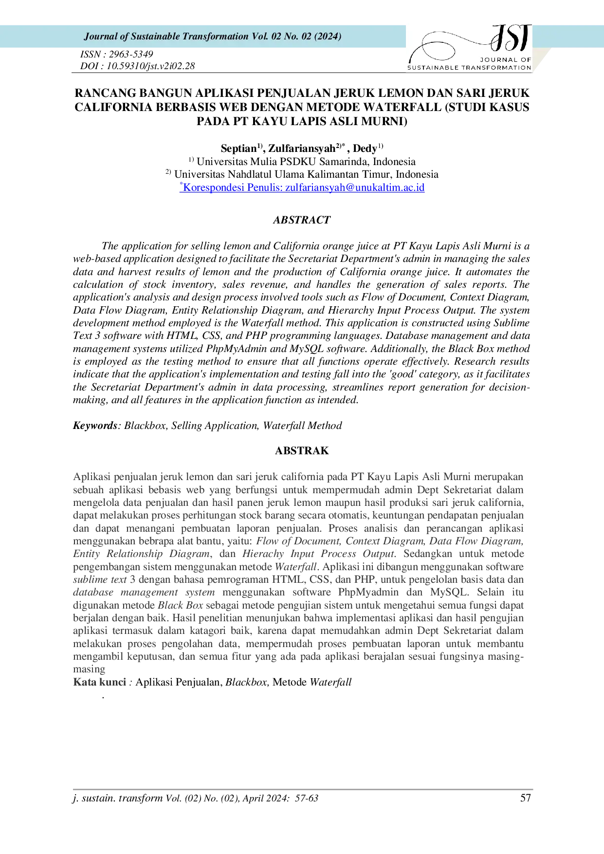 JURIS Rancang Bangun Aplikasi Penjualan Jeruk Lemon Dan Sari Jeruk California Berbasis Web Dengan Metode Waterfall Studi Kasus Pada PT Kayu Lapis Asli Murni