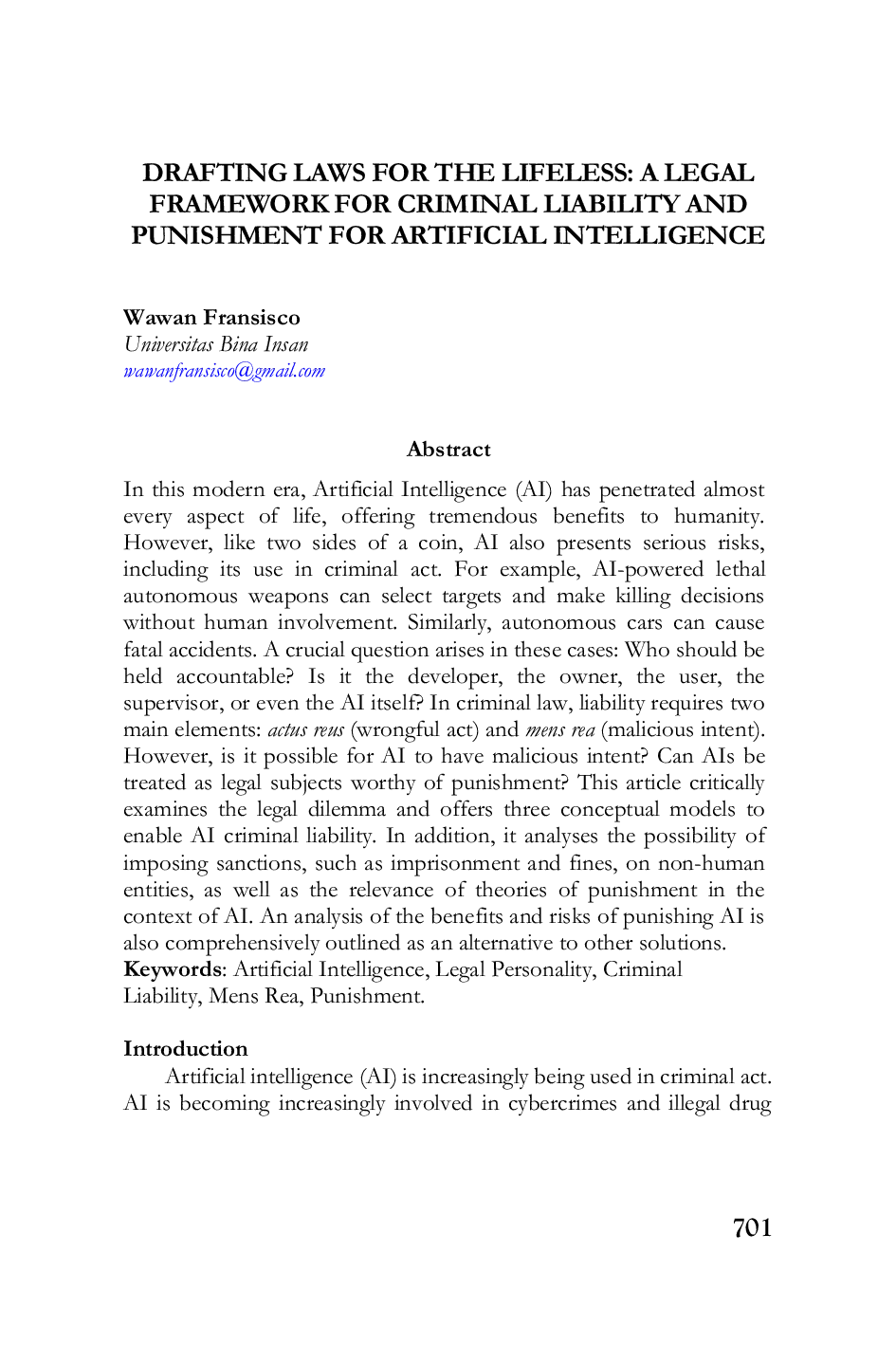 JURIS Drafting Laws for The Lifeless A Legal Framework for Criminal Liability and Punishment for Artificial Intelligence