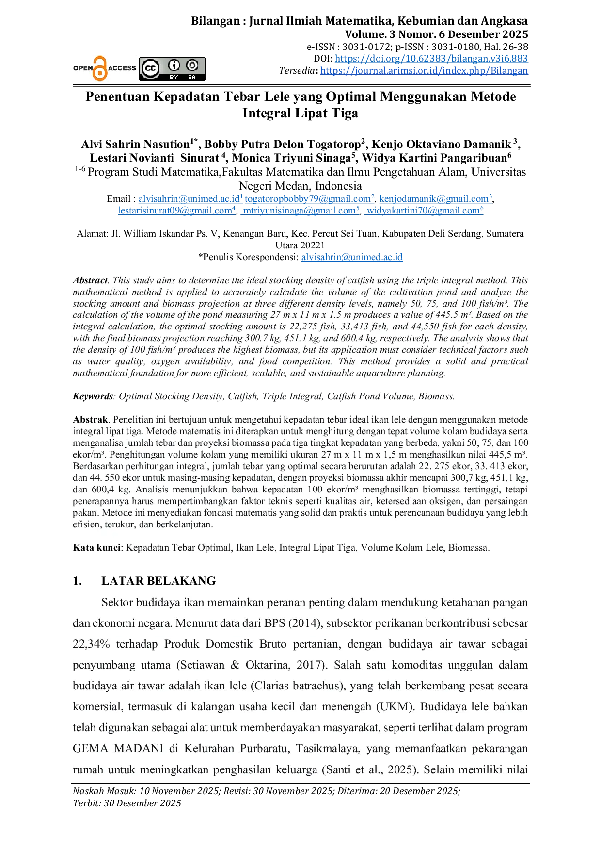JURIS Penentuan Kepadatan Tebar Lele yang Optimal Menggunakan Metode Integral Lipat Tiga
