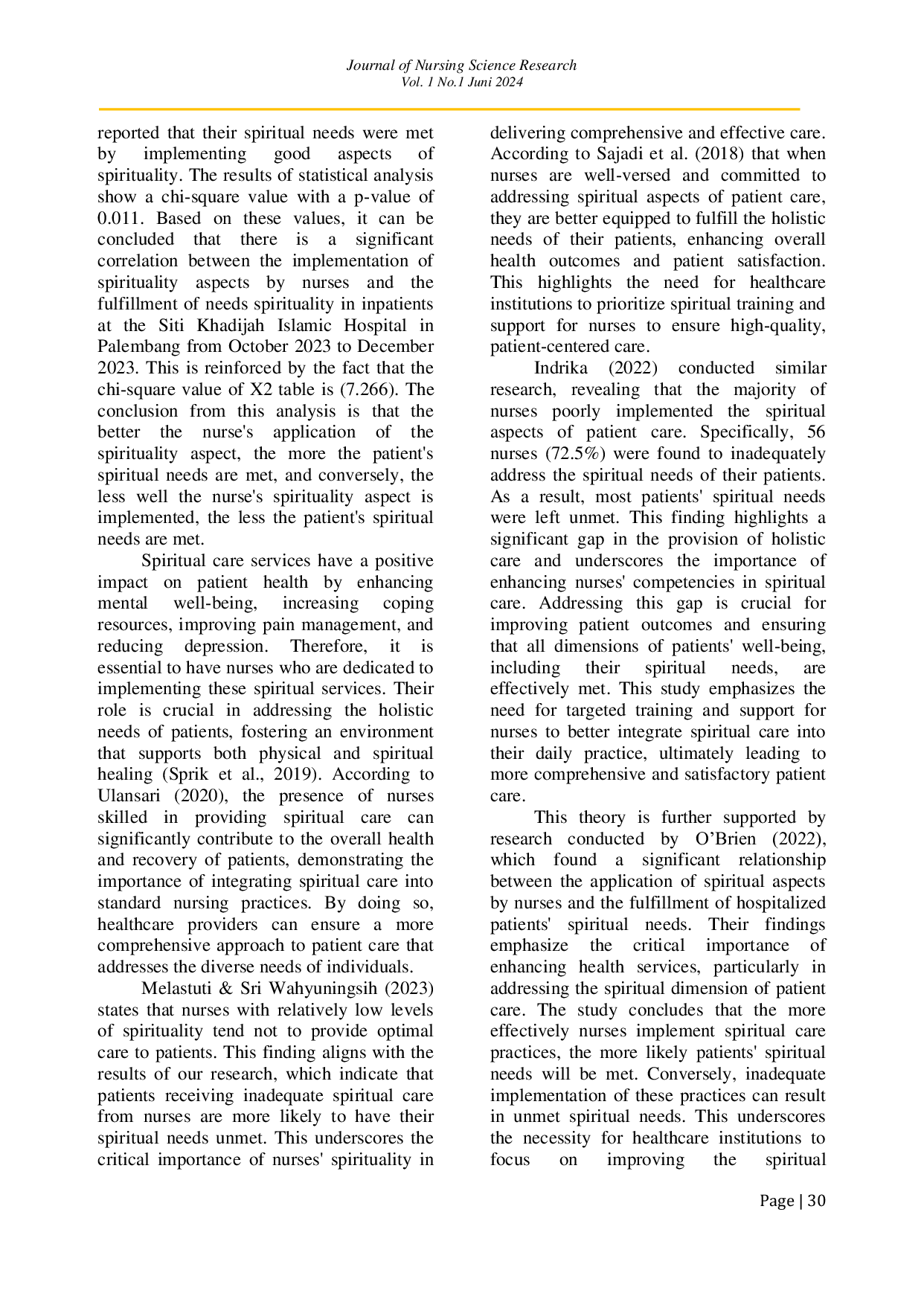 JURIS Enhancing Spiritual Care in Nursing Practice Exploring the Relationship Between Implementation of Spiritual Aspects and Fulfillment of Patients Spiritual Needs