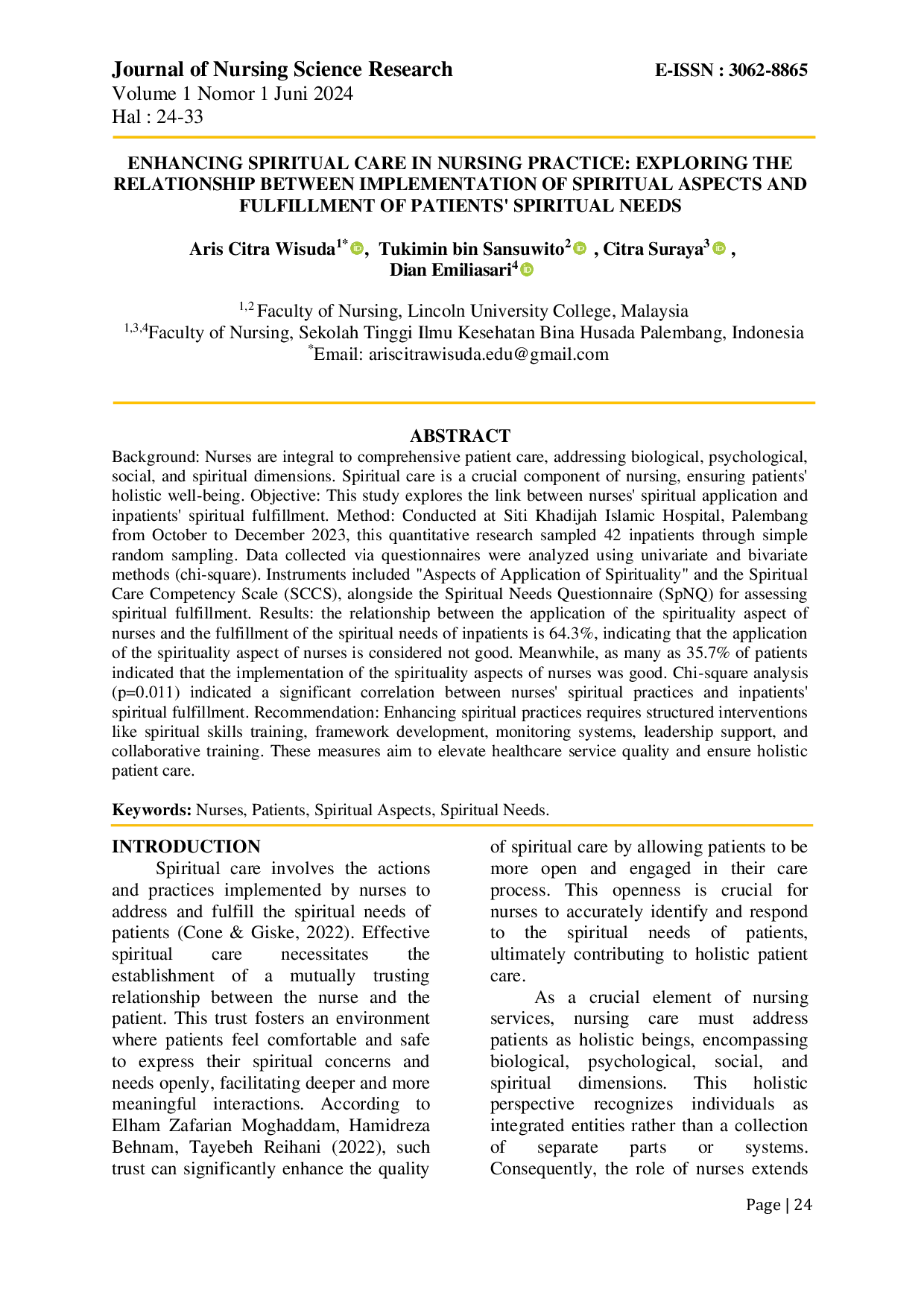 JURIS Enhancing Spiritual Care in Nursing Practice Exploring the Relationship Between Implementation of Spiritual Aspects and Fulfillment of Patients Spiritual Needs