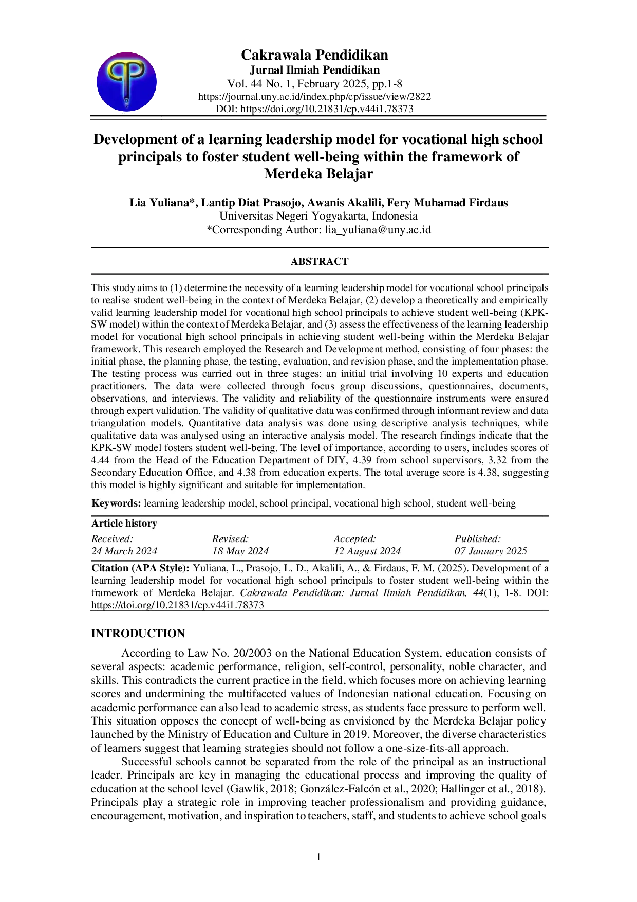juris Development of a learning leadership model for vocational high school principals to foster student well being within the framework of Merdeka Belajar