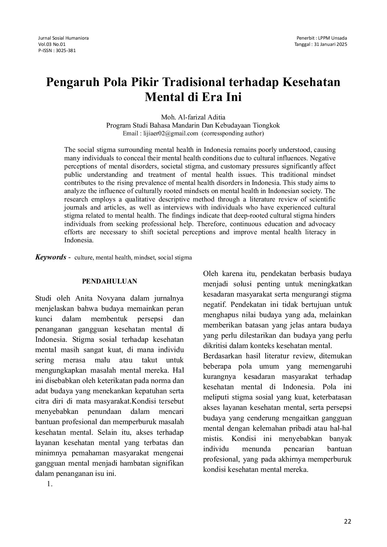 JURIS Pengaruh Pola Pikir Tradisional terhadap Kesehatan Mental di Era Ini
