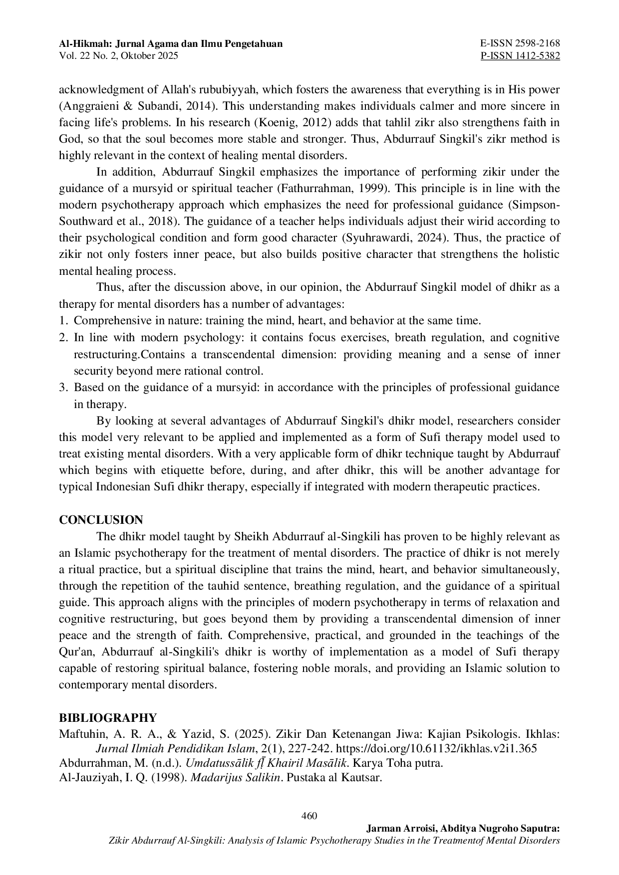 JURIS Zikir Abdurrauf Al Singkili Analysis of Islamic Psychotherapy Studies in the Treatment of Mental Disorders