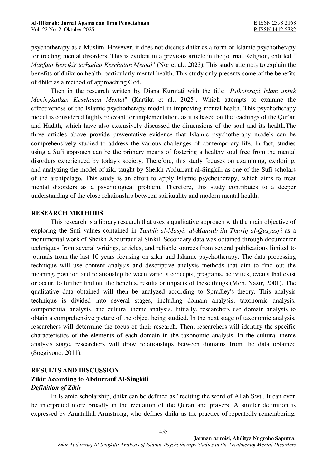 JURIS Zikir Abdurrauf Al Singkili Analysis of Islamic Psychotherapy Studies in the Treatment of Mental Disorders