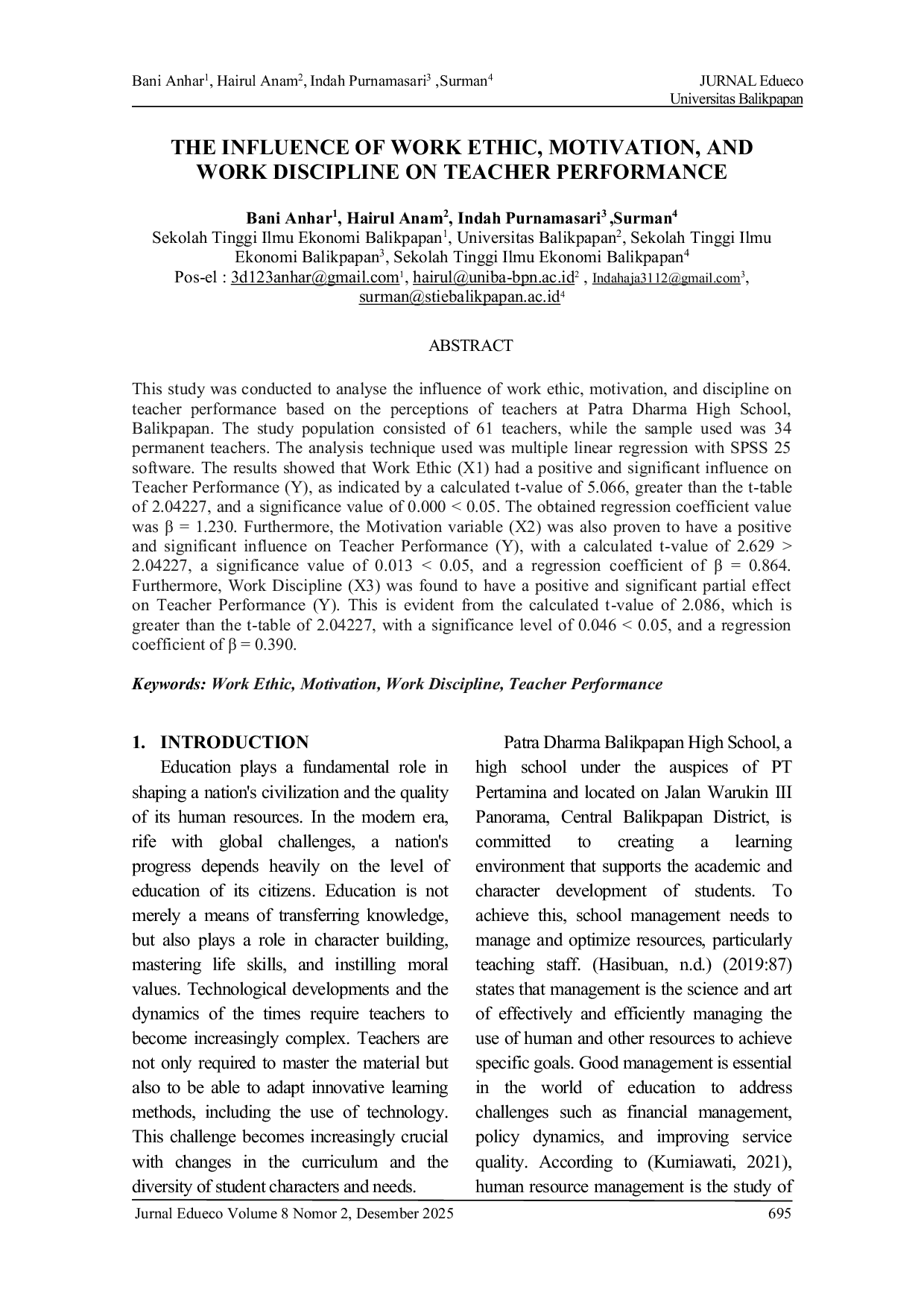 JURIS The Influence Of Work Ethic Motivation And Work Discipline On Teacher Performance