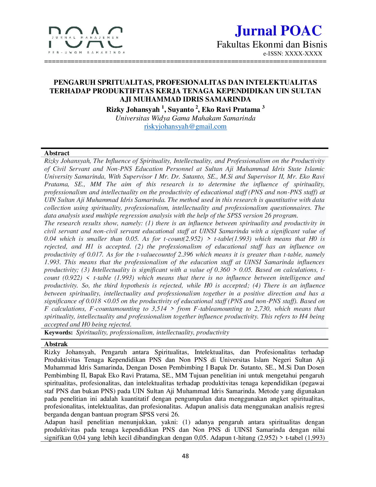 JURIS Pengaruh Spiritualitas Profesionalitas dan Intelektualitas Terhadap Produktivitas Kerja Tenaga Kependidikan UIN Sultan Aji Muhammad Idris Samarinda