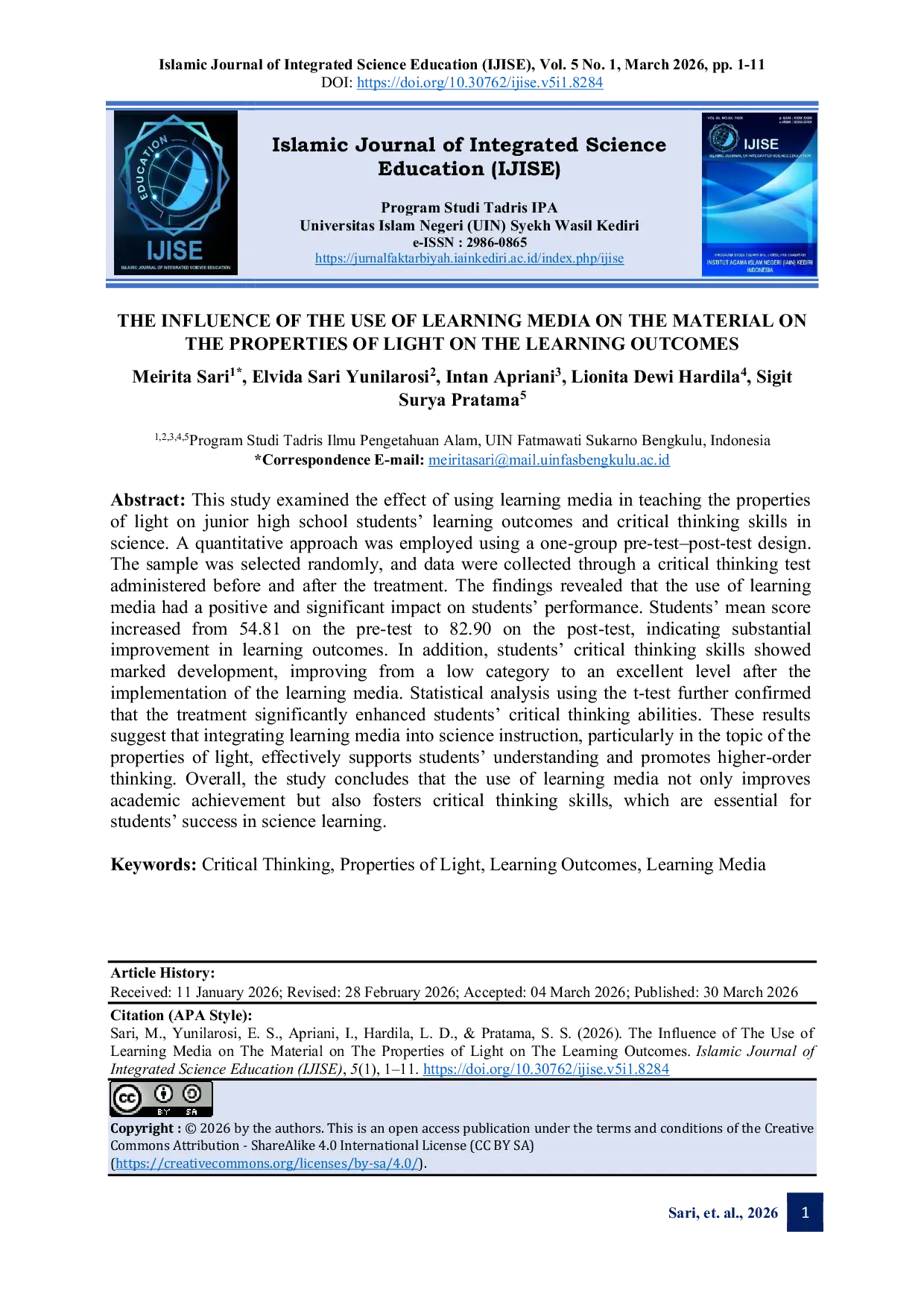 JURIS The Influence of The Use of Learning Media on The Material on The Properties of Light on The Learning Outcomes