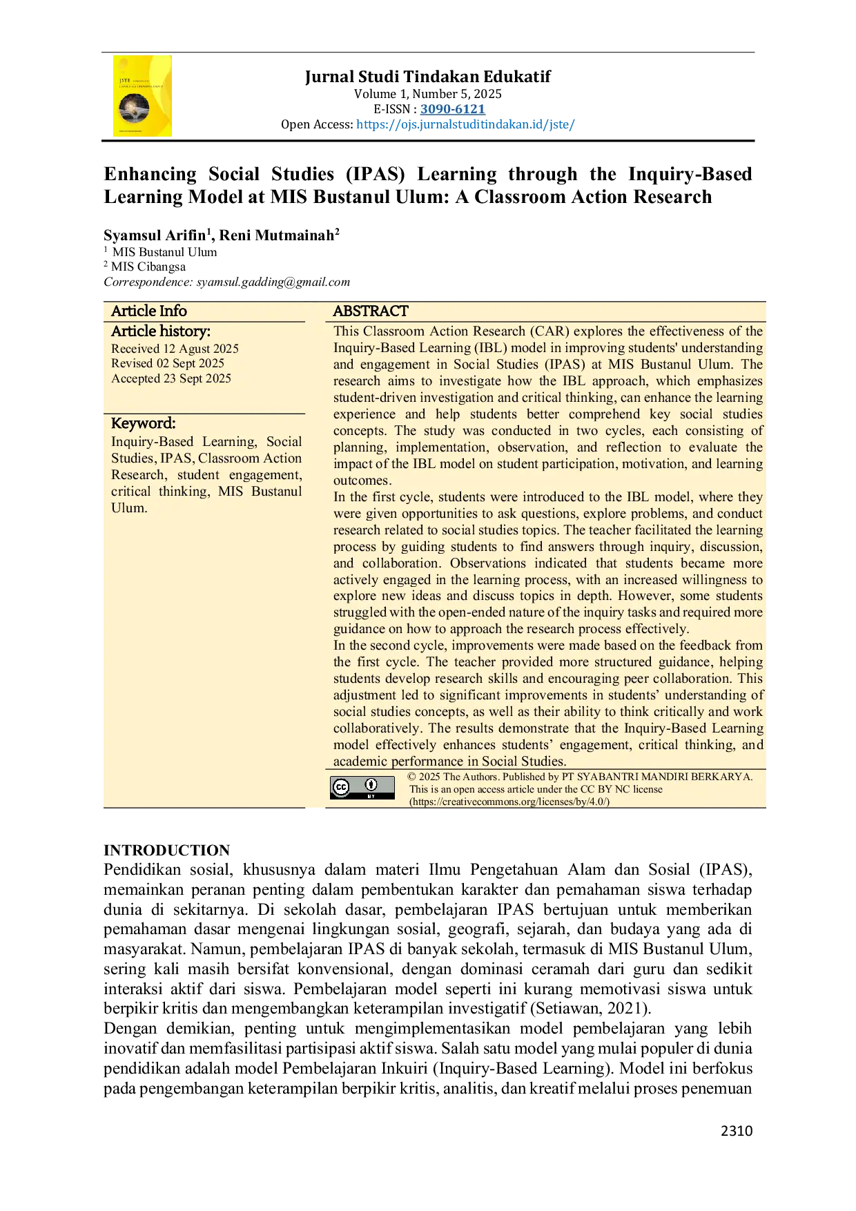 JURIS Enhancing Social Studies IPAS Learning through the Inquiry Based Learning Model at MIS Bustanul Ulum A Classroom Action Research