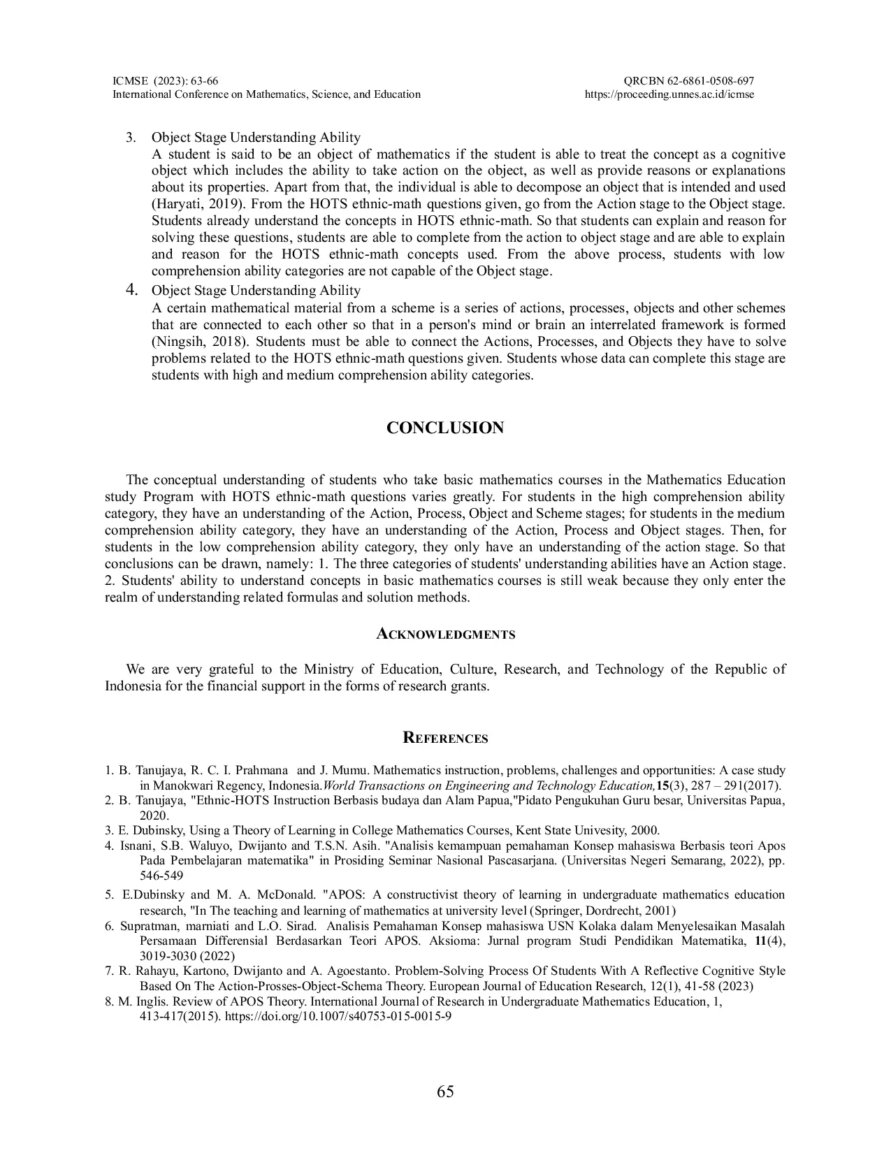 JURIS Analysis of Understanding Concept of College Students Based on APOS Theory in the Ethnic Math HOTS Question