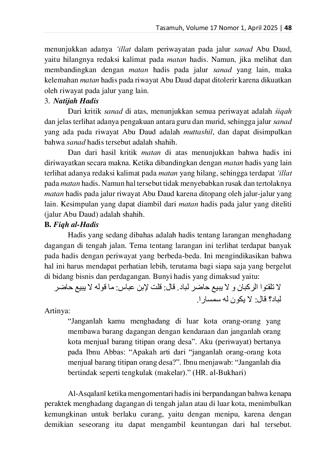 JURIS Hadis Tentang Larangan Menghadang Dagangan Di Tengah Jalan Studi Kritik Sanad Dan Matan