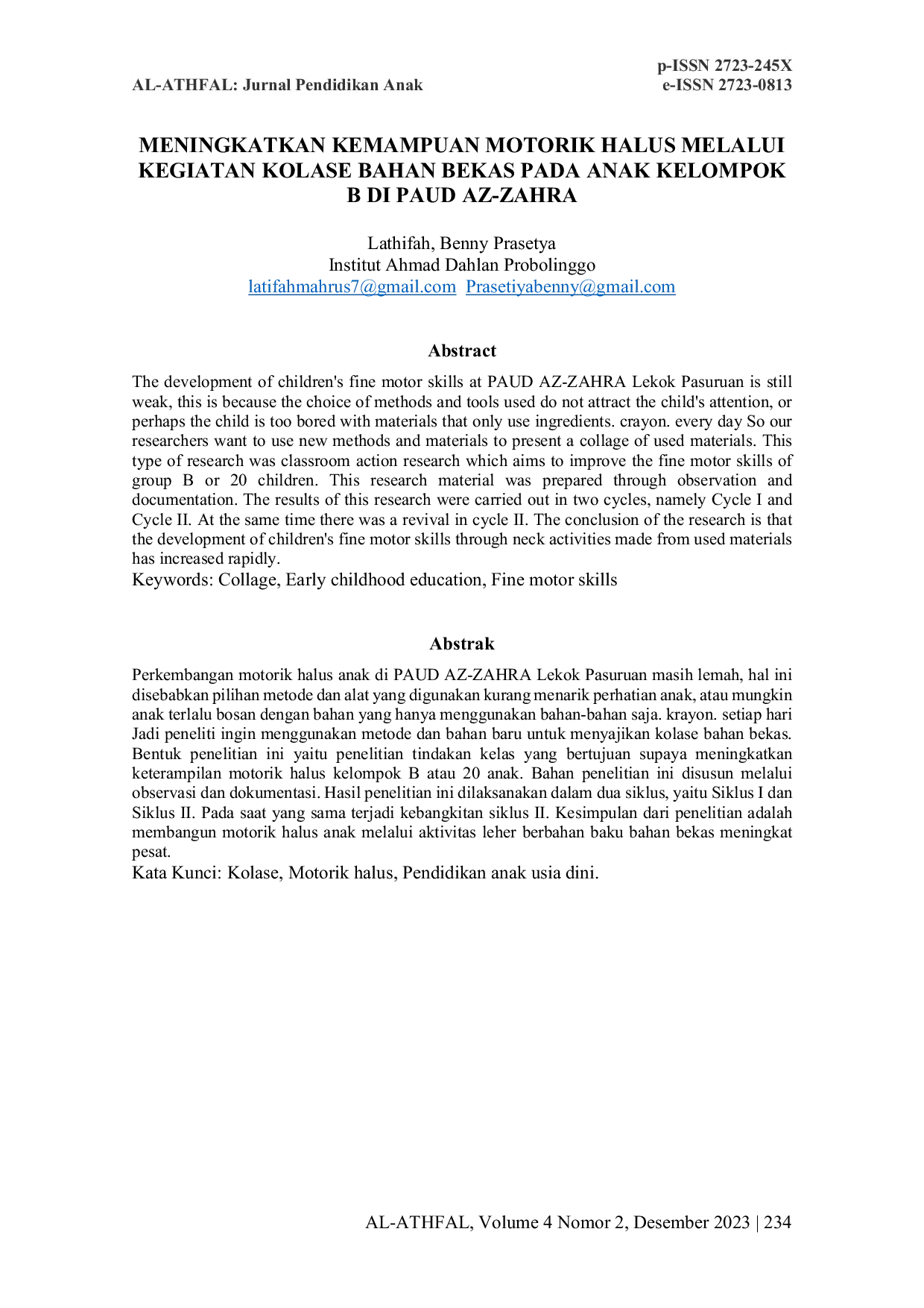 JURIS Meningkatkan Kemampuan Motorik Halus Melalui Kegiatan Kolase Bahan Bekas Pada Anak Kelompok B Di PAUD AZ ZAHRA