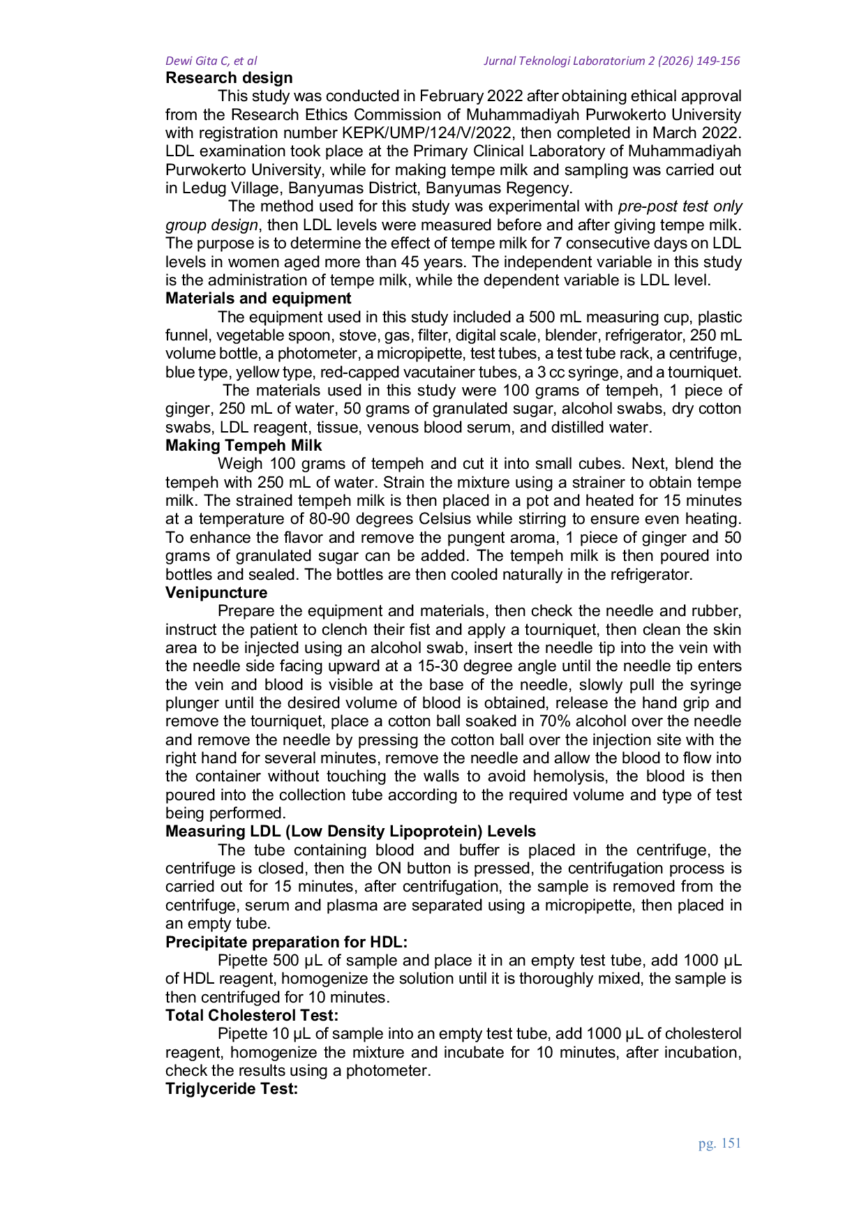 JURIS Effect of seven consecutive days of tempeh milk feeding on low density lipoprotein levels in women over 45 years of age