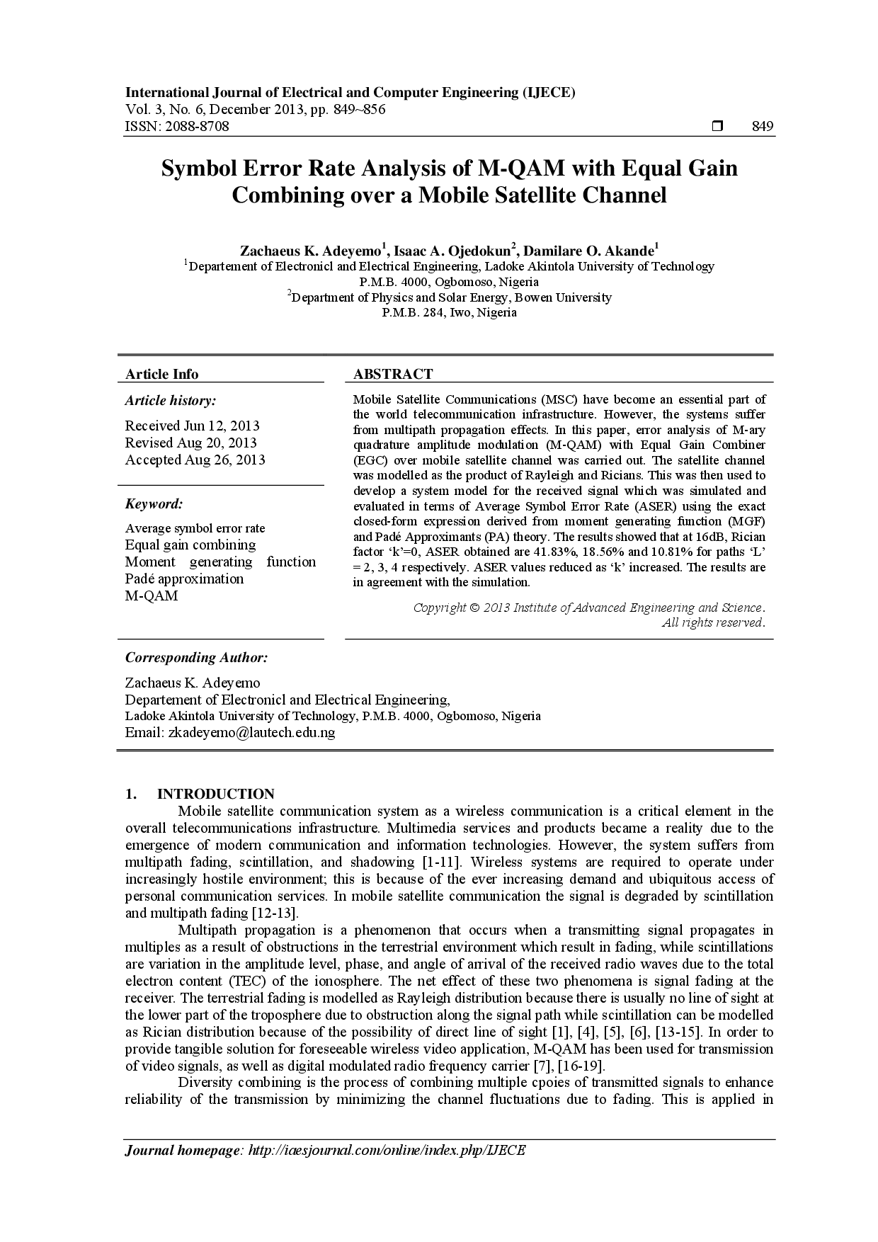 juris Symbol Error Rate Analysis of M QAM with Equal Gain Combining Over A Mobile Satellite Channel