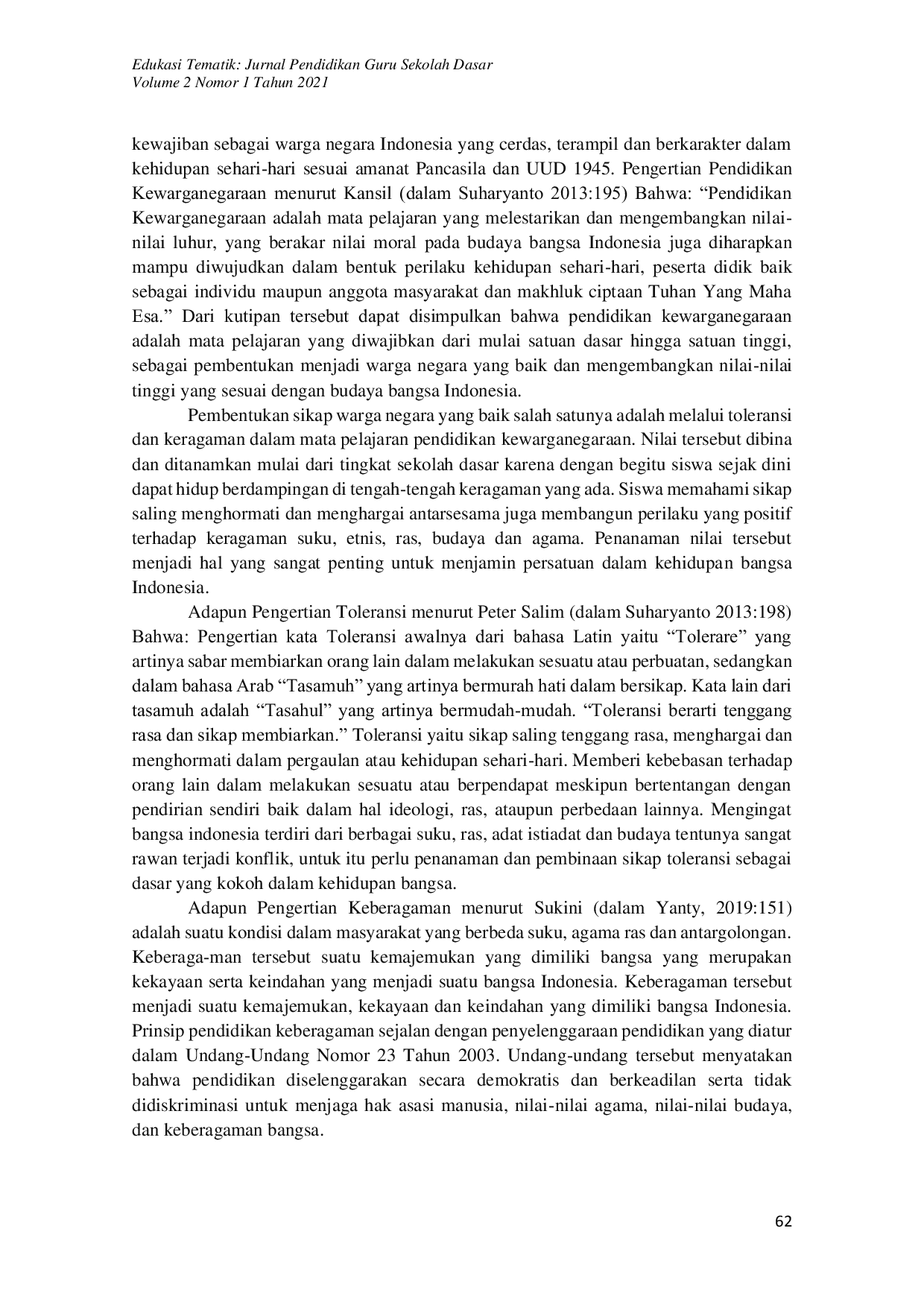 JURIS Penanaman Nilai Toleransi dan Keberagaman Suku Bangsa Siswa Sekolah Dasar melalui Pendidikan Kewarganegaraan