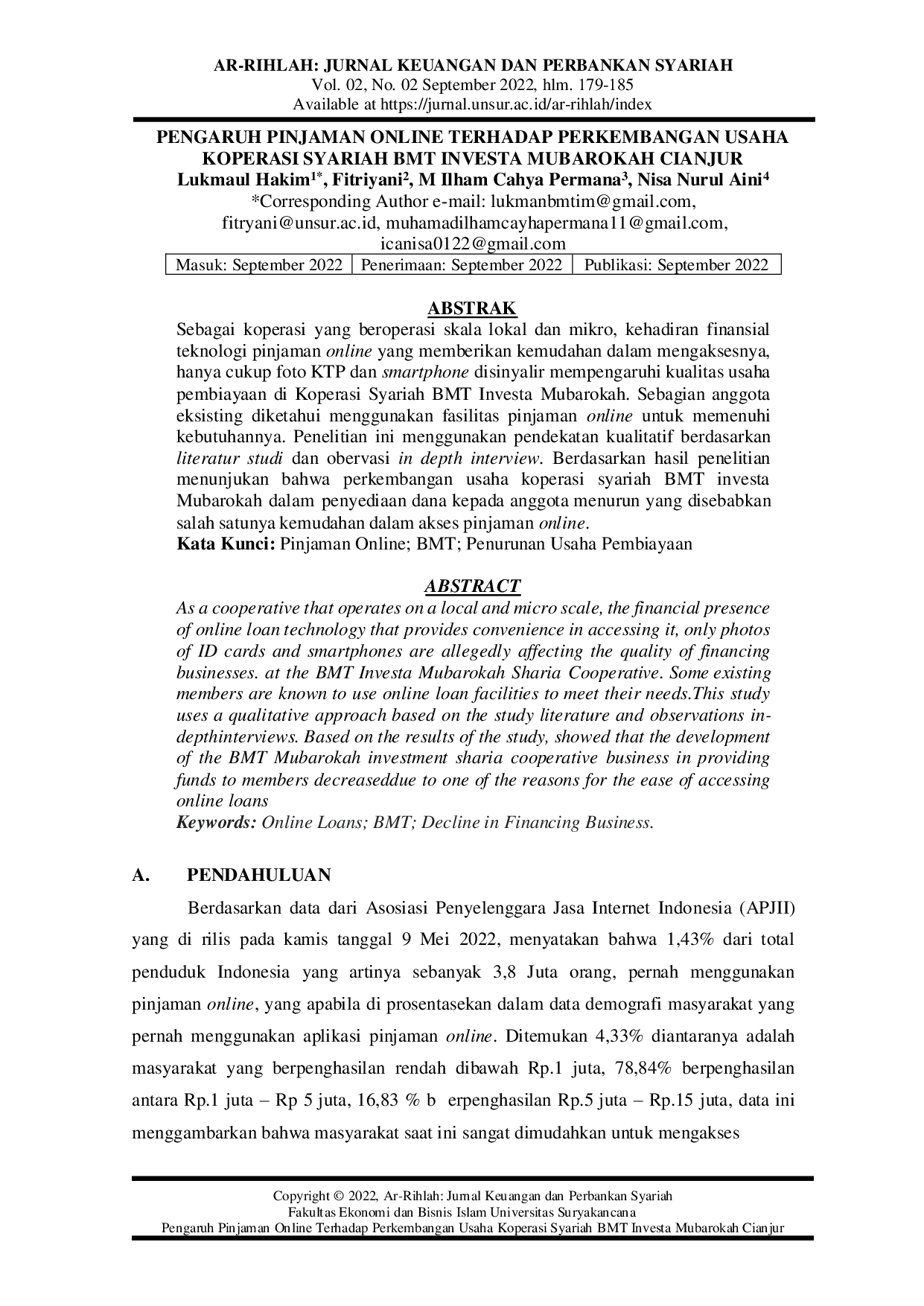 JURIS Pengaruh Pinjaman Online Terhadap Perkembangan Usaha Koperasi Syariah Bmt Investa Mubarokah Cianjur