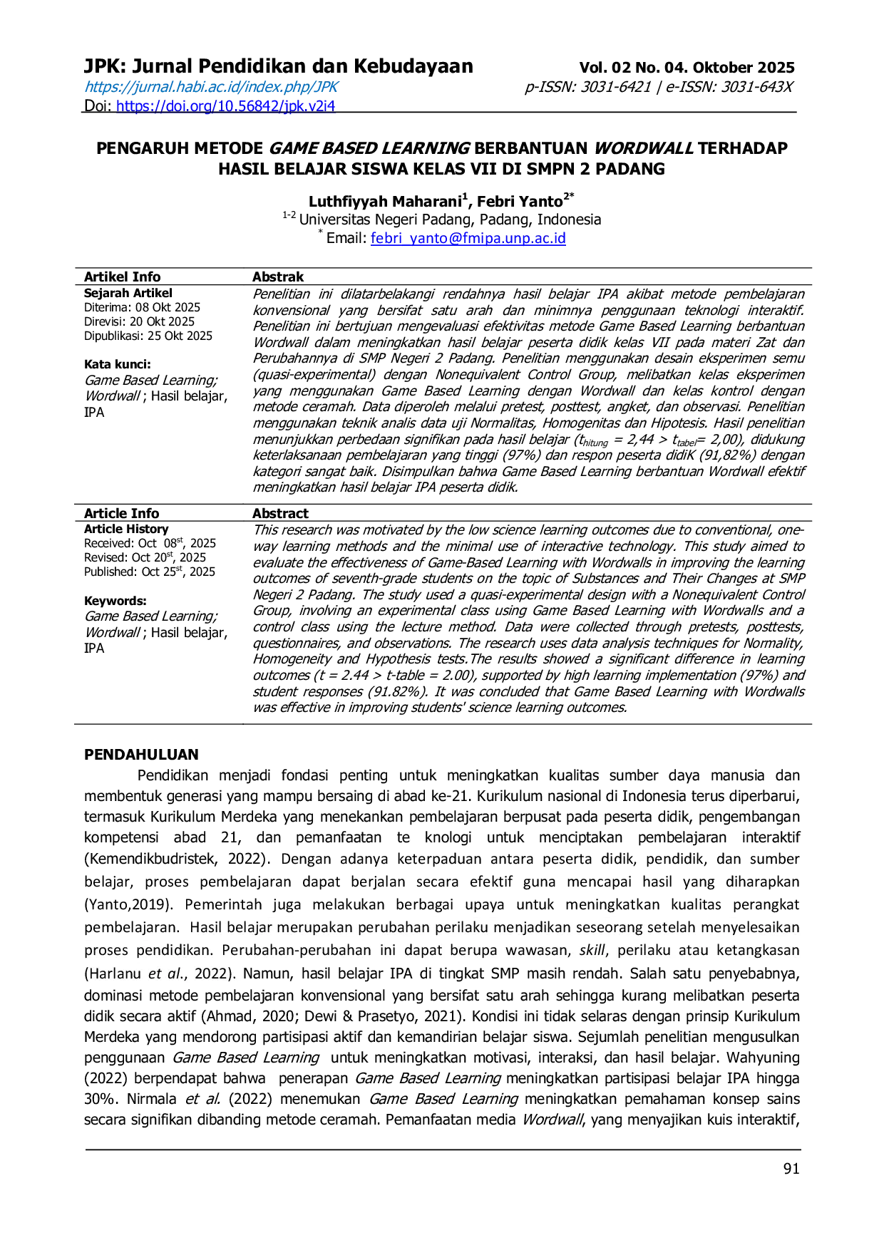 JURIS Pengaruh Metode Game Based Learning Berbantuan Wordwall Terhadap Hasil Belajar Siswa Kelas VII di SMPN 2 Padang
