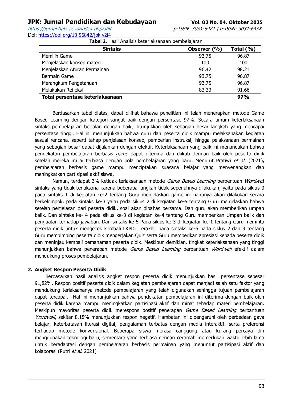 JURIS Pengaruh Metode Game Based Learning Berbantuan Wordwall Terhadap Hasil Belajar Siswa Kelas VII di SMPN 2 Padang