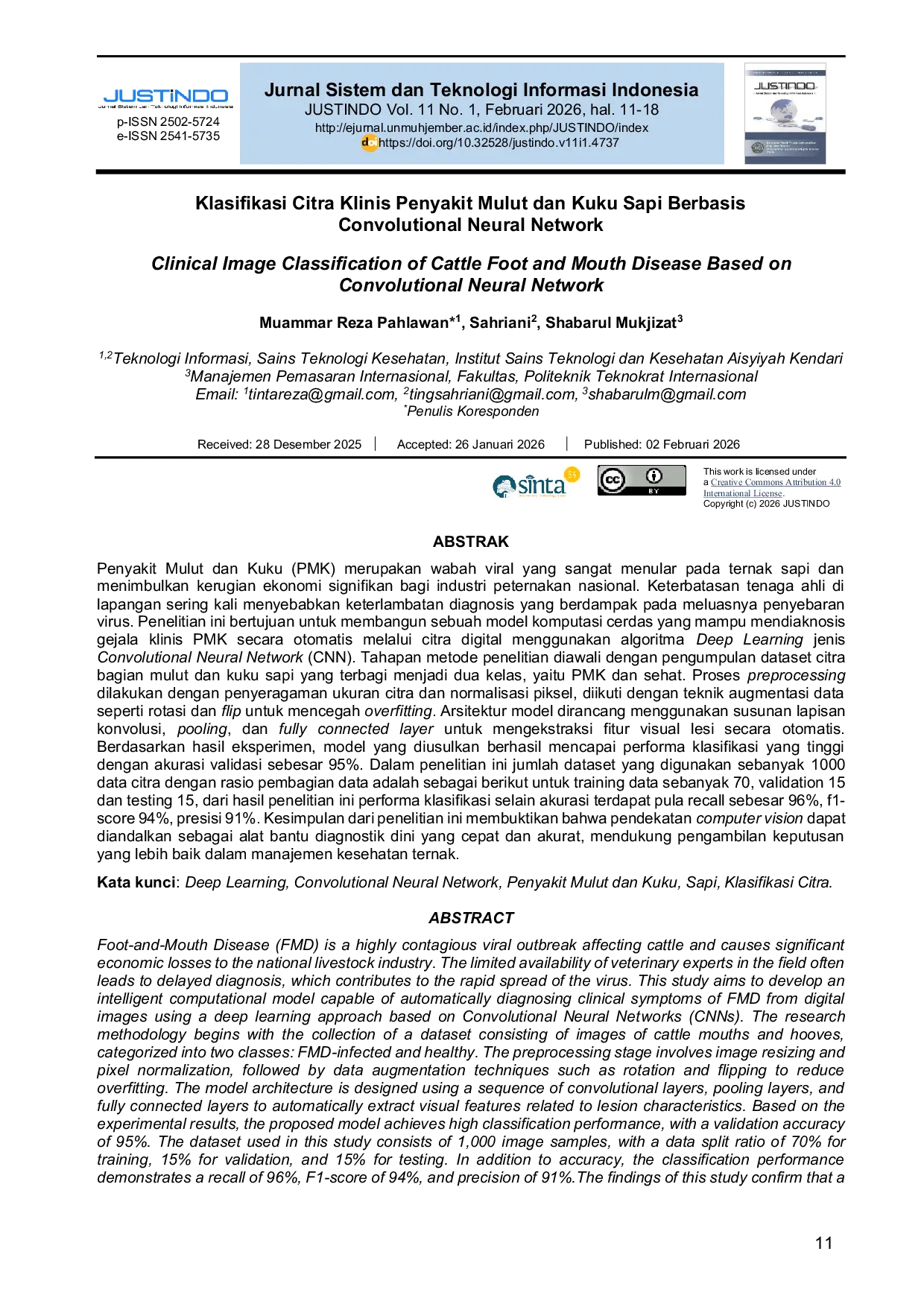 JURIS Clinical Image Classification of Cattle Foot and Mouth Disease Based on Convolutional Neural Network