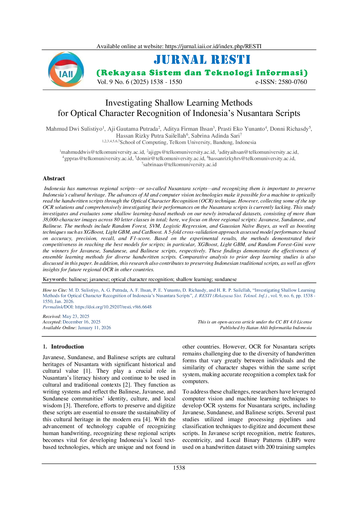 JURIS Investigating Shallow Learning Methods for Optical Character Recognition of Indonesia s Nusantara Scripts