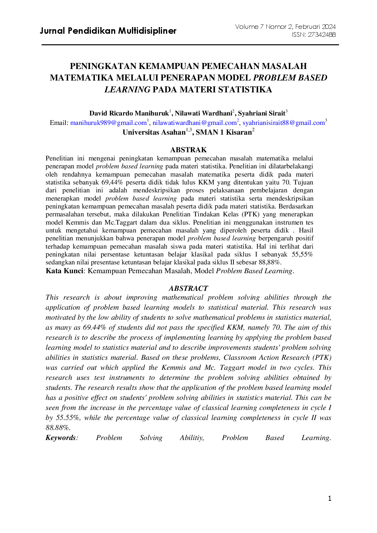 juris Peningkatan Kemampuan Pemecahan Masalah Matematika Melalui Penerapan Model Problem Based Learning Pada Materi Statistika