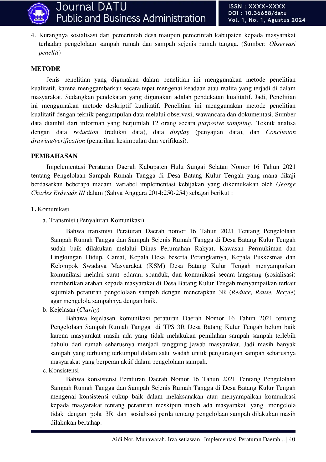 JURIS Implementasi Peraturan Daerah Nomor 16 Tahun 2021 Tentang Pengelolaan Sampah Rumah Tangga dan Sampah Sejenis Rumah Tangga di Desa Batang Kulur Tengah Kabupaten Hulu Sungai Selatan