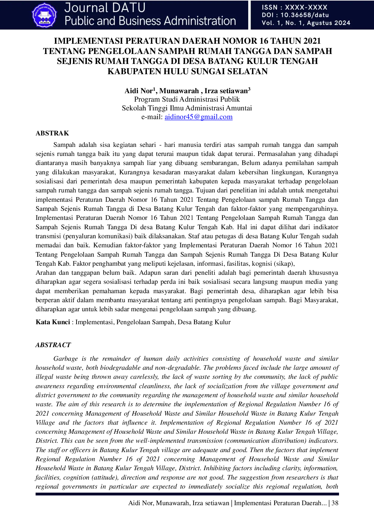 JURIS Implementasi Peraturan Daerah Nomor 16 Tahun 2021 Tentang Pengelolaan Sampah Rumah Tangga dan Sampah Sejenis Rumah Tangga di Desa Batang Kulur Tengah Kabupaten Hulu Sungai Selatan