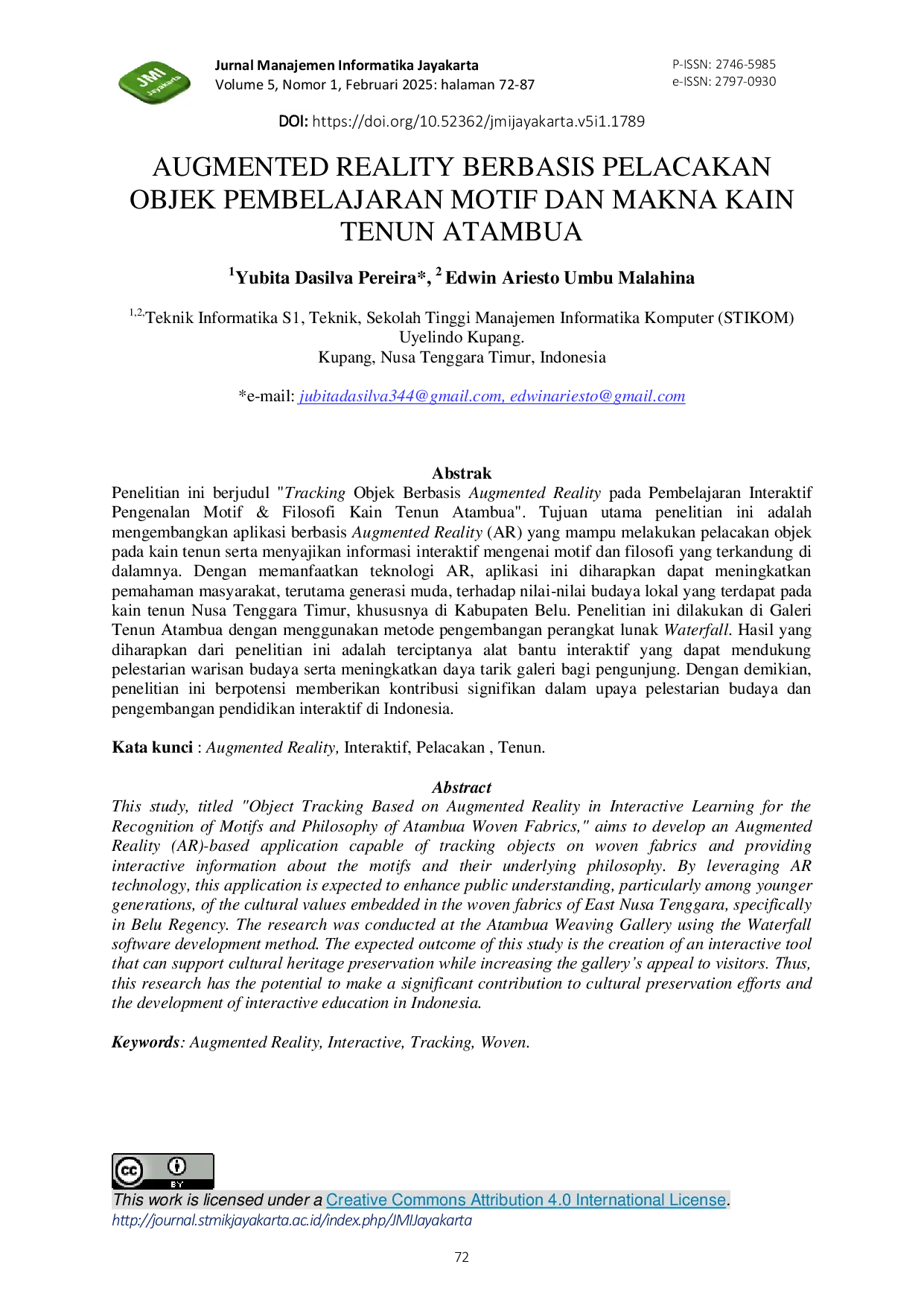 JURIS Augmented Reality Berbasis Pelacakan Objek Pembelajaran Motif Dan Makna Kain Tenun Atambua