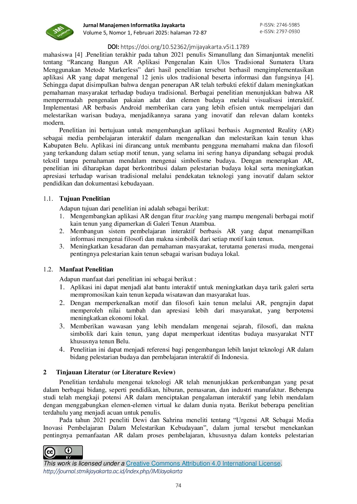 JURIS Augmented Reality Berbasis Pelacakan Objek Pembelajaran Motif Dan Makna Kain Tenun Atambua