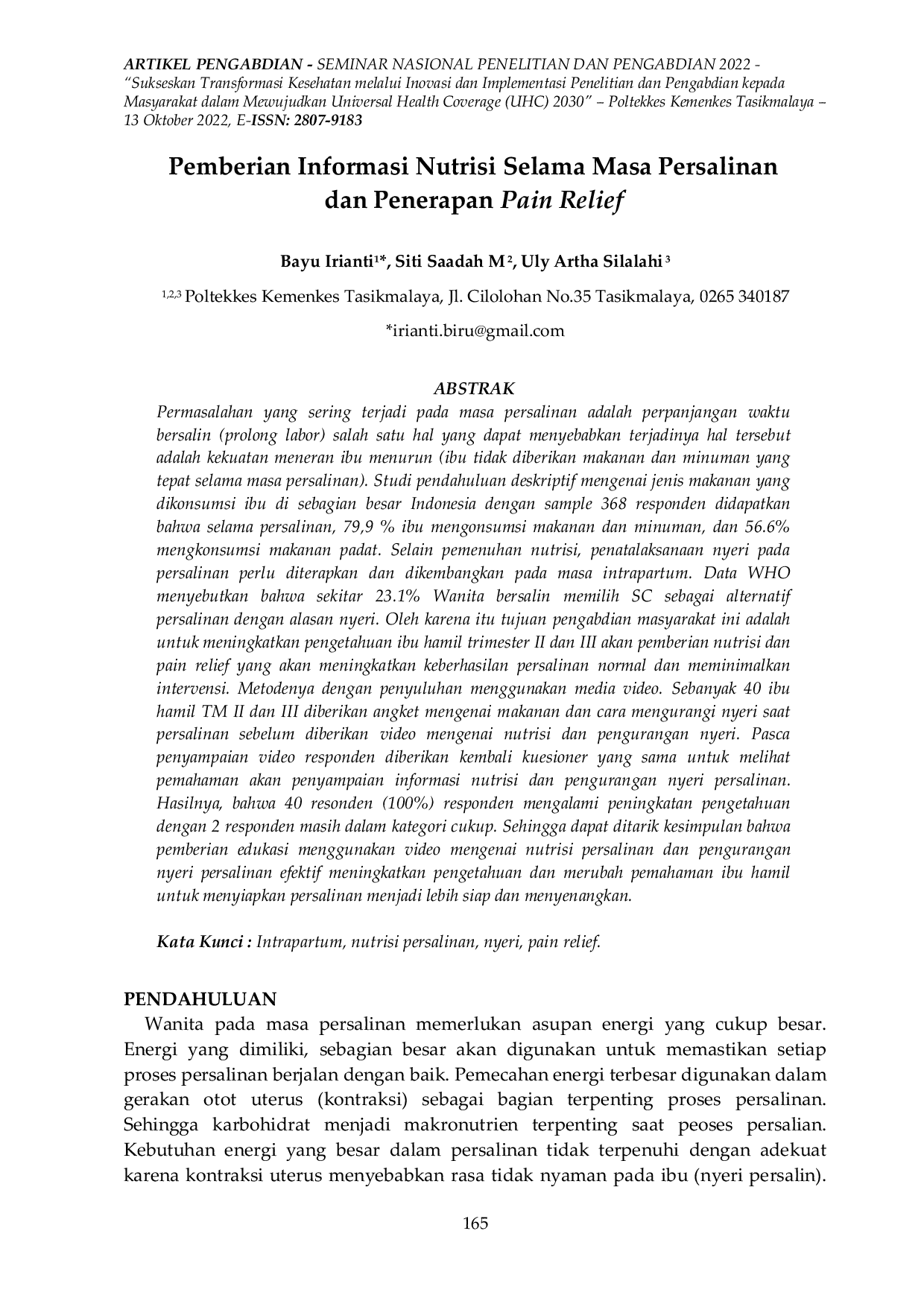 JURIS Pemberian Informasi Nutrisi Selama Masa Persalinan dan Penerapan Pain Relief