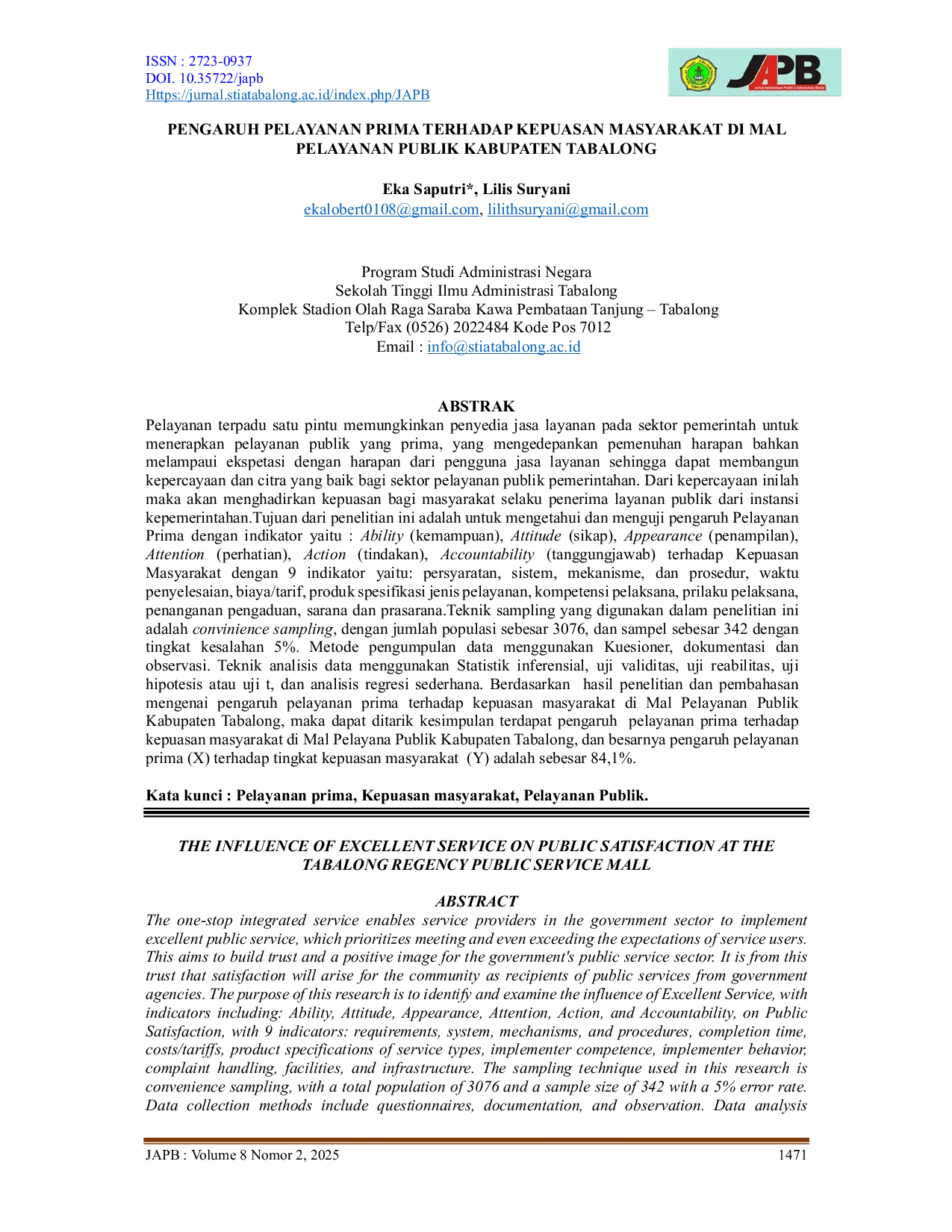 JURIS Pengaruh Pelayanan Prima Terhadap Kepuasan Masyarakat Di Mal Pelayanan Publik Kabupaten Tabalong