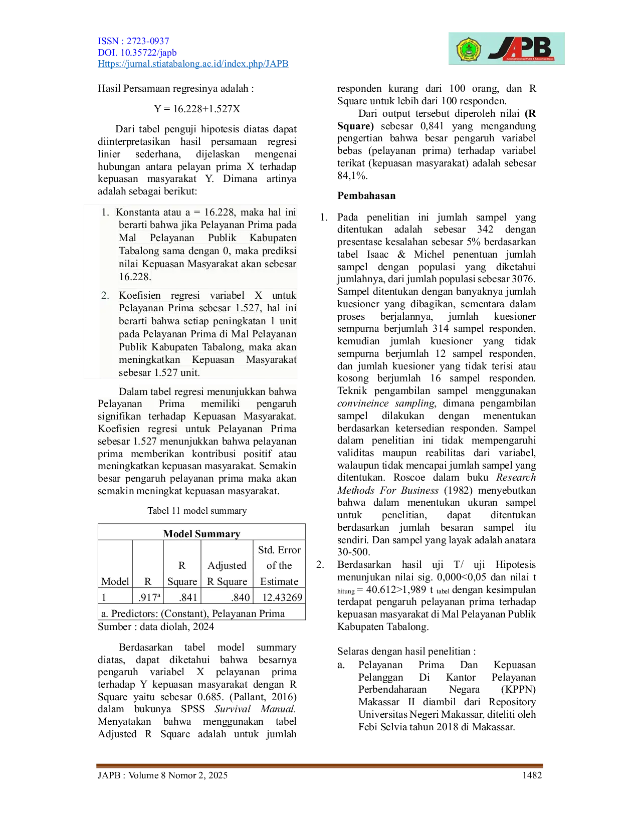 JURIS Pengaruh Pelayanan Prima Terhadap Kepuasan Masyarakat Di Mal Pelayanan Publik Kabupaten Tabalong
