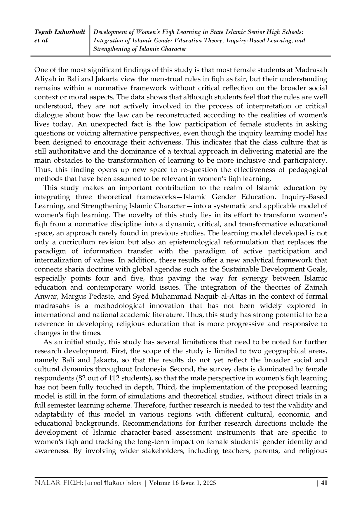JURIS Development of Women s Fiqh Learning in State Islamic Senior High Schools Integration of Islamic Gender Education Theory Inquiry Based Learning and Strengthening of Islamic Character
