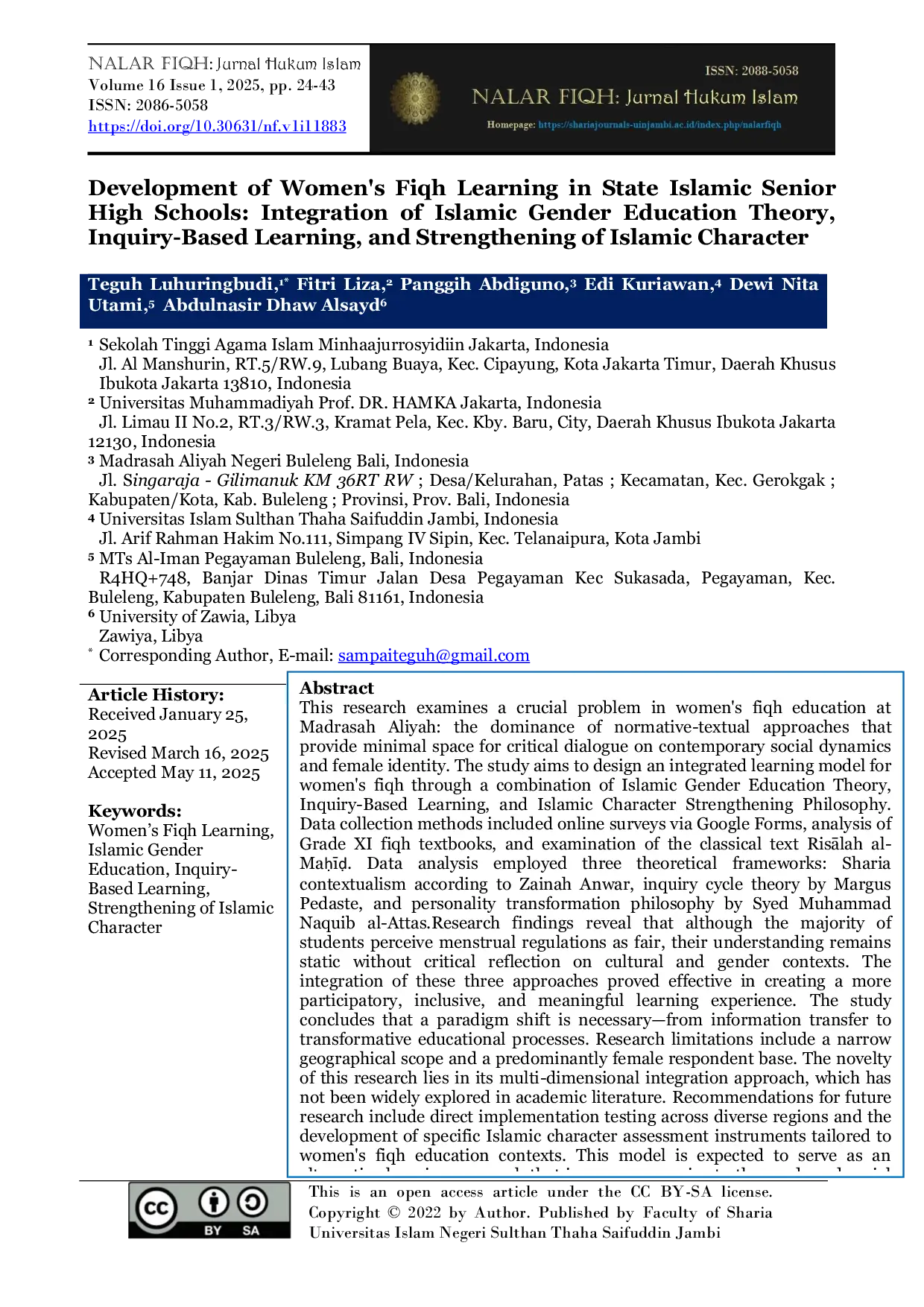 JURIS Development of Women s Fiqh Learning in State Islamic Senior High Schools Integration of Islamic Gender Education Theory Inquiry Based Learning and Strengthening of Islamic Character