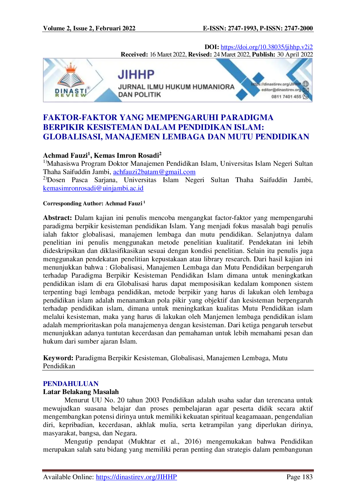 juris Faktor Faktor Yang Mempengaruhi Paradigma Berpikir Kesisteman Dalam Pendidikan Islam Globalisasi Manajemen Lembaga Dan Mutu Pendidikan