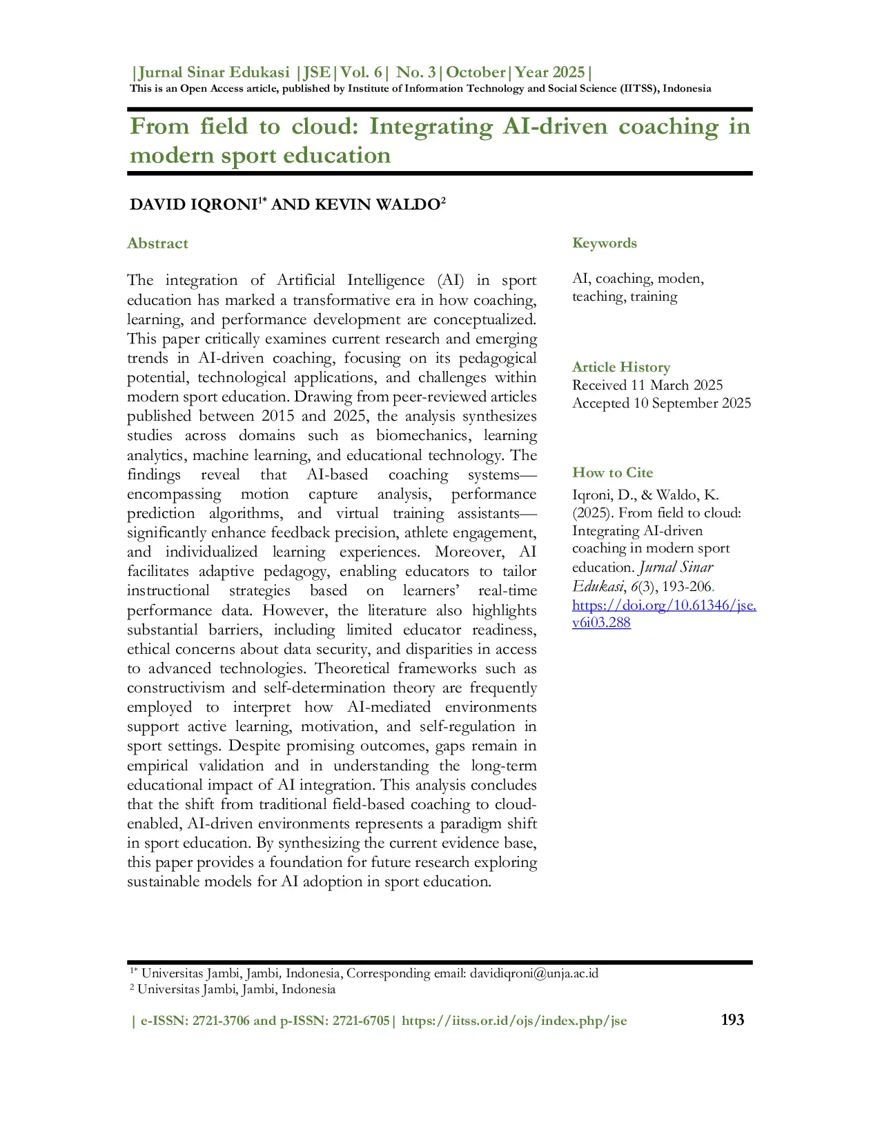 JURIS From field to cloud Integrating AI driven coaching in modern sport education