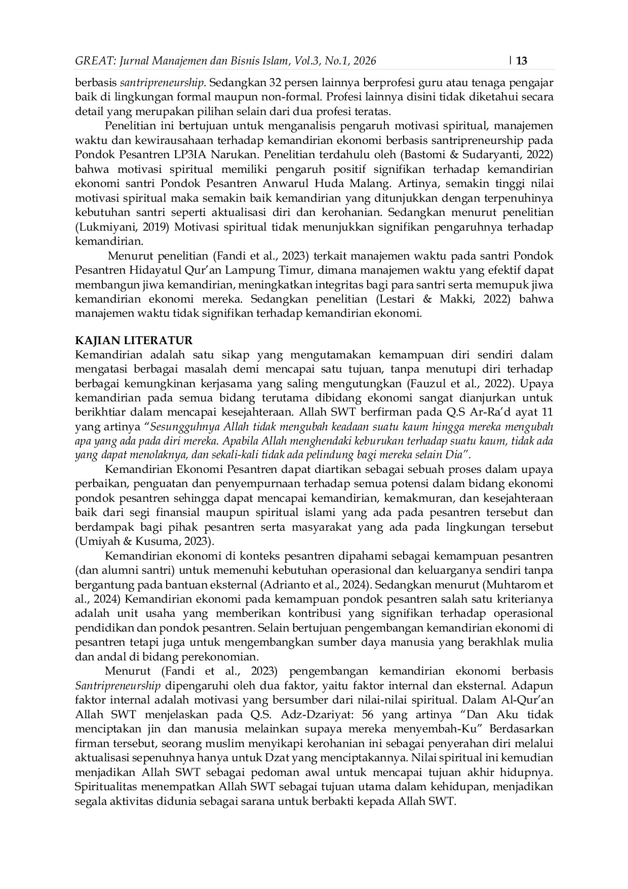 JURIS Pengaruh Motivasi Spiritual Manajemen Waktu dan Kewirausahaan terhadap Kemandirian Ekonomi Berbasis Santripreneurship