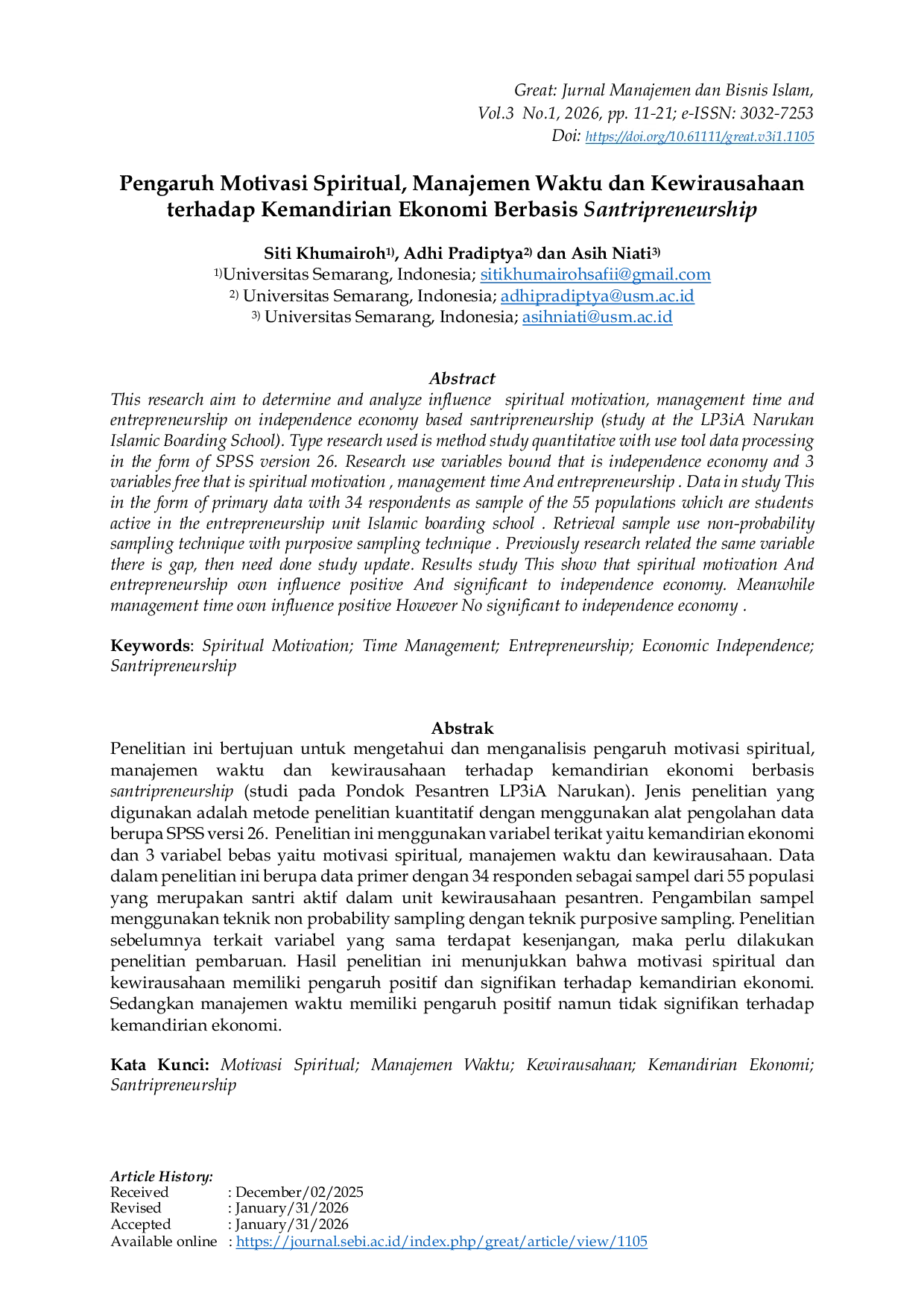 JURIS Pengaruh Motivasi Spiritual Manajemen Waktu dan Kewirausahaan terhadap Kemandirian Ekonomi Berbasis Santripreneurship