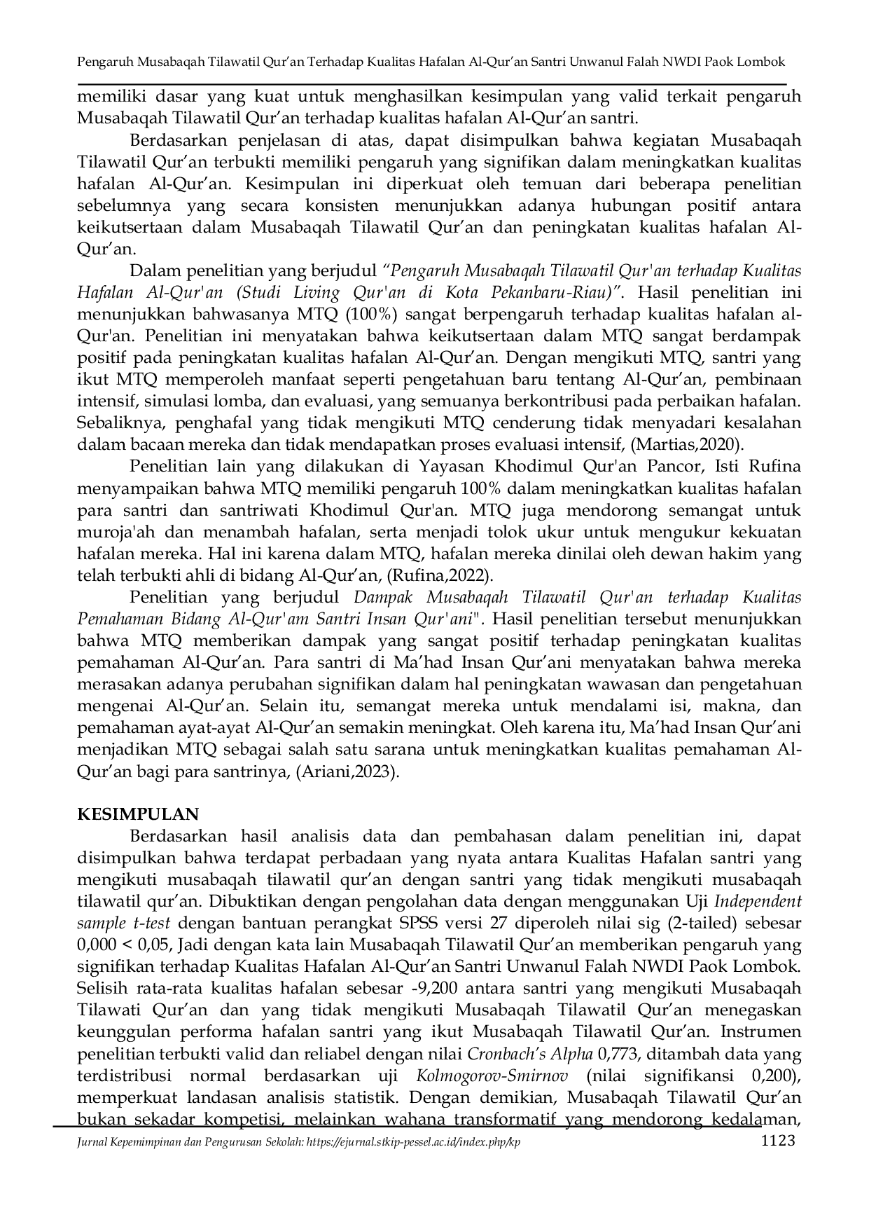 JURIS Pengaruh Musabaqah Tilawatil Qur an Terhadap Kualitas Hafalan Al Qur an Santri Unwanul Falah NWDI Paok Lombok