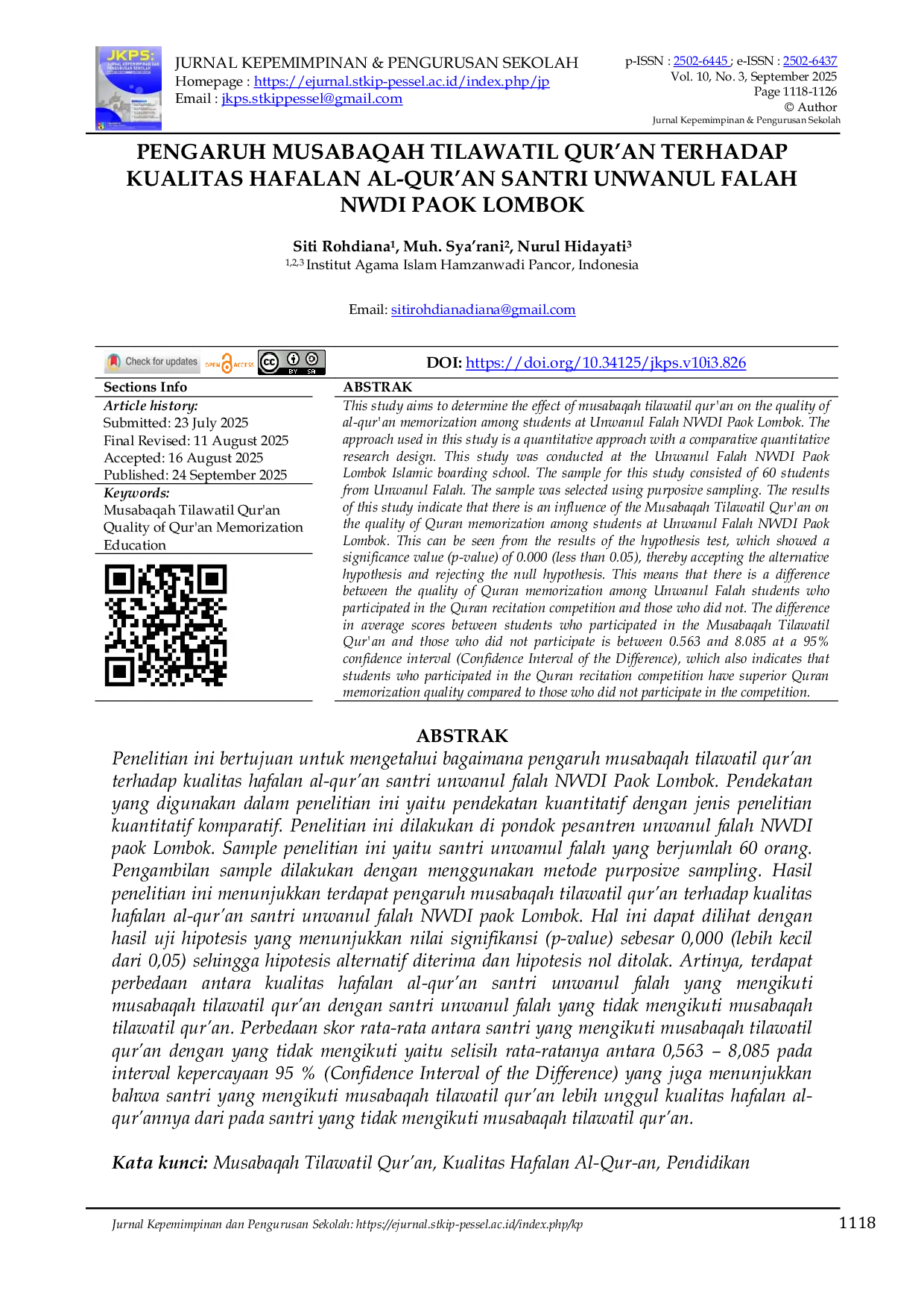 JURIS Pengaruh Musabaqah Tilawatil Qur an Terhadap Kualitas Hafalan Al Qur an Santri Unwanul Falah NWDI Paok Lombok
