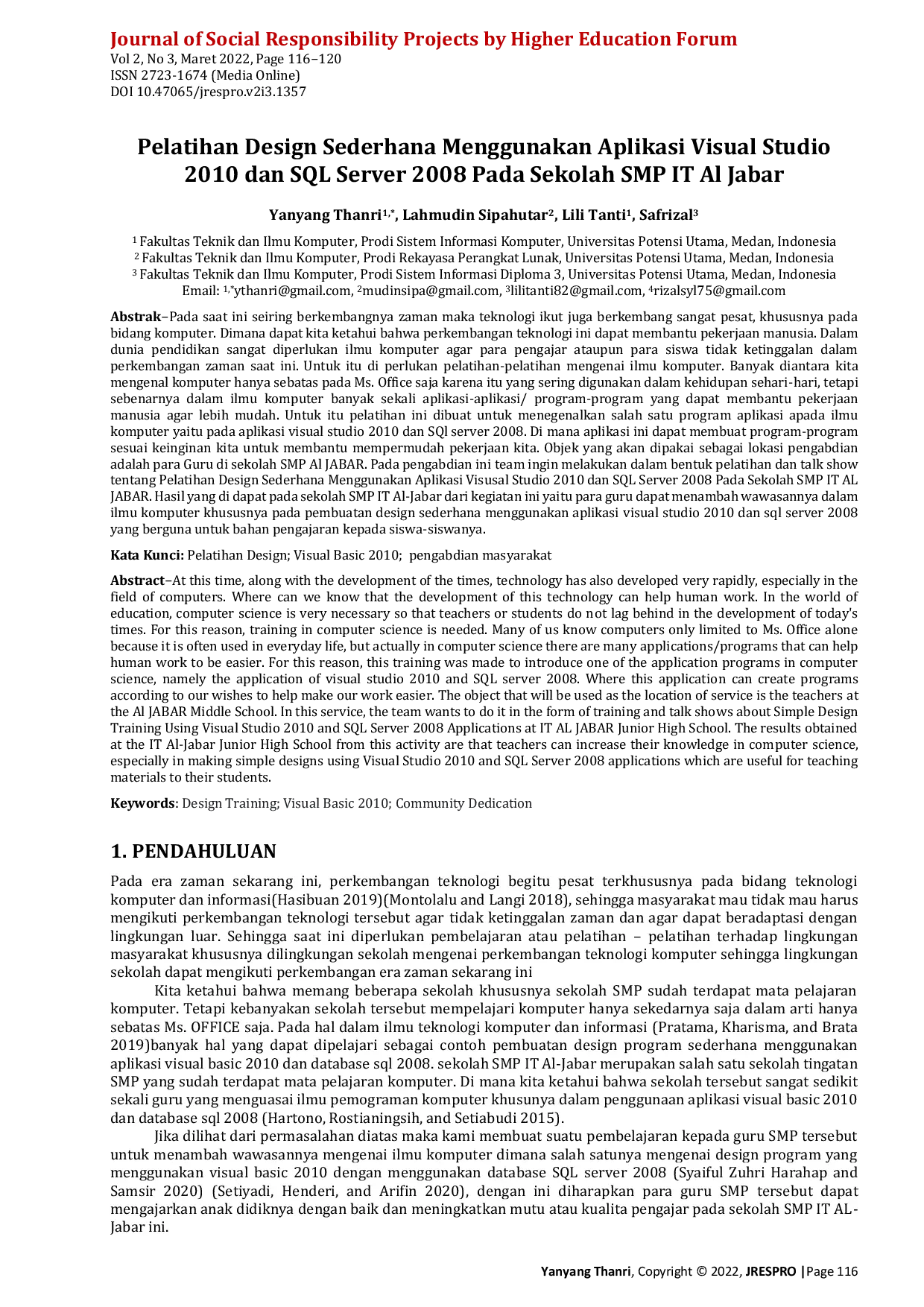 JURIS Pelatihan Design Sederhana Menggunakan Aplikasi Visual Studio 2010 dan SQL Server 2008 Pada Sekolah SMP IT Al Jabar