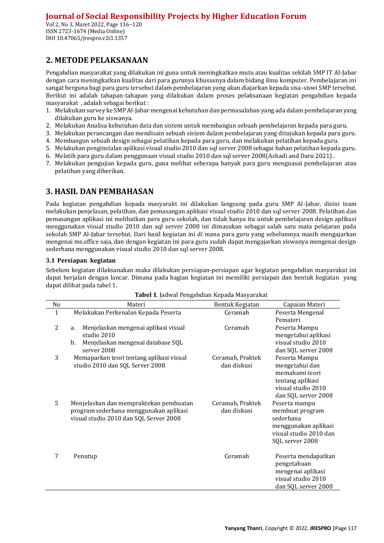 JURIS Pelatihan Design Sederhana Menggunakan Aplikasi Visual Studio 2010 dan SQL Server 2008 Pada Sekolah SMP IT Al Jabar