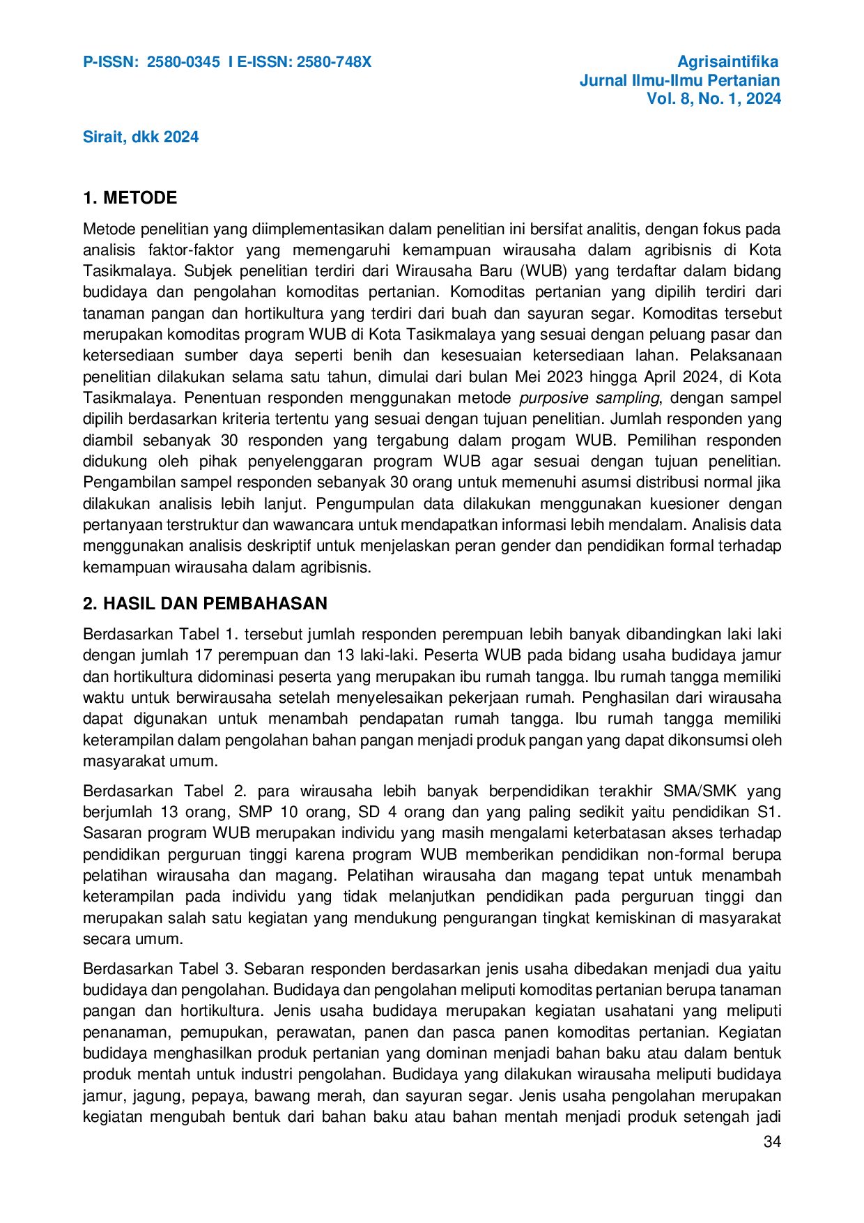 JURIS Analisis Gender dan Pendidikan Formal pada Wirausaha Agribisnis