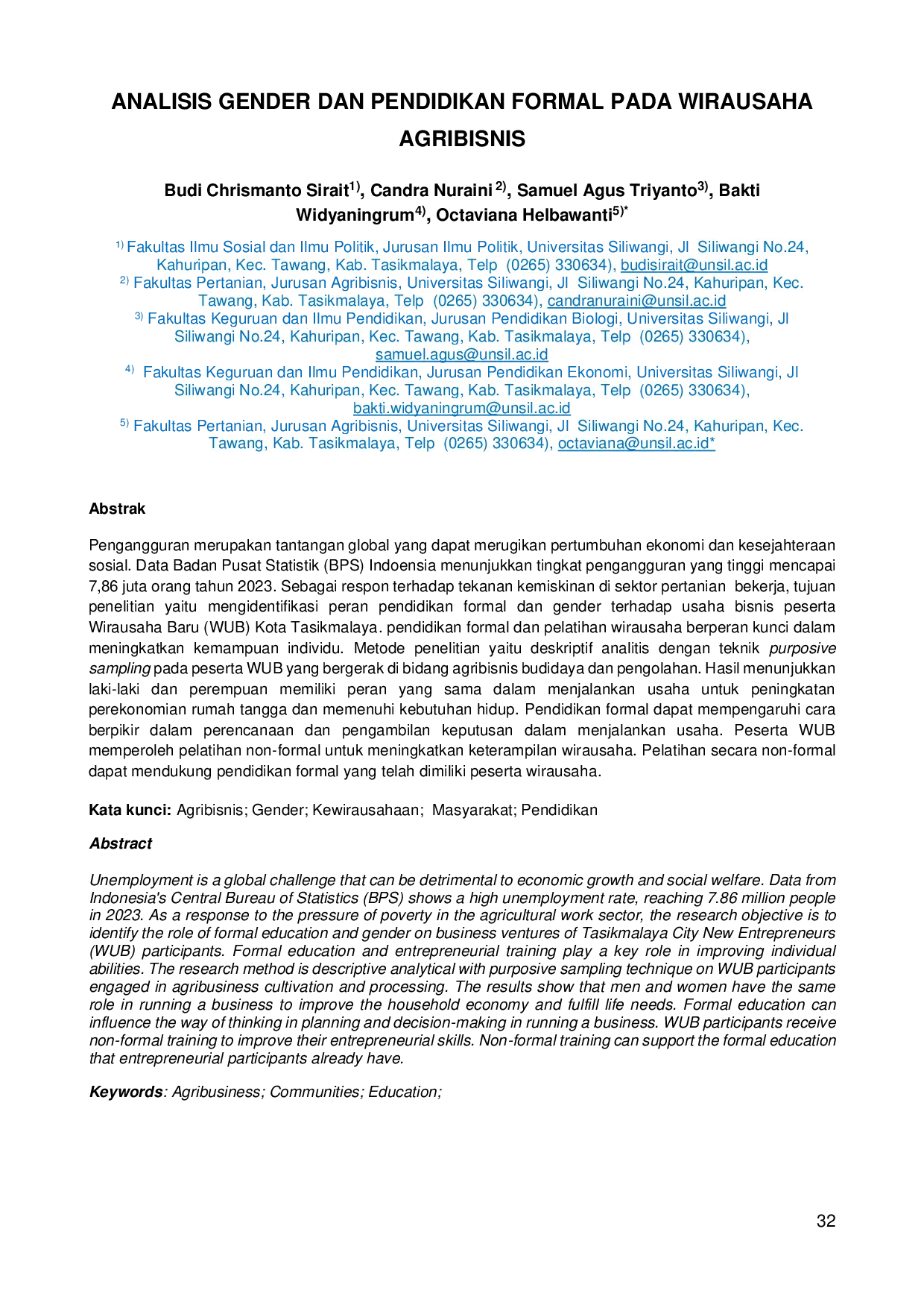 JURIS Analisis Gender dan Pendidikan Formal pada Wirausaha Agribisnis