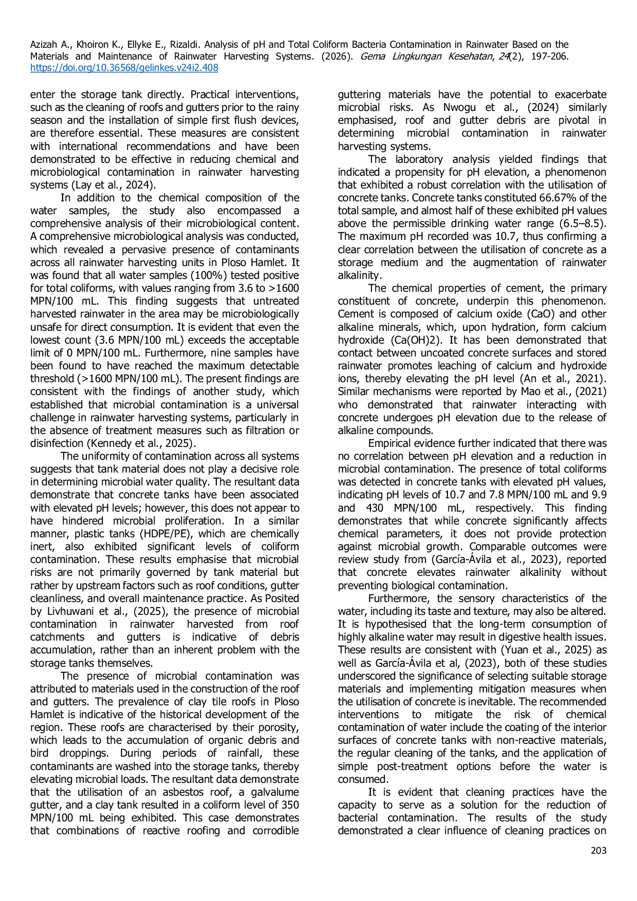 JURIS Analisis pH dan Kontaminasi Bakteri Coliform Total pada Air Hujan Berdasarkan Material dan Perawatan Sistem Panen Air Hujan