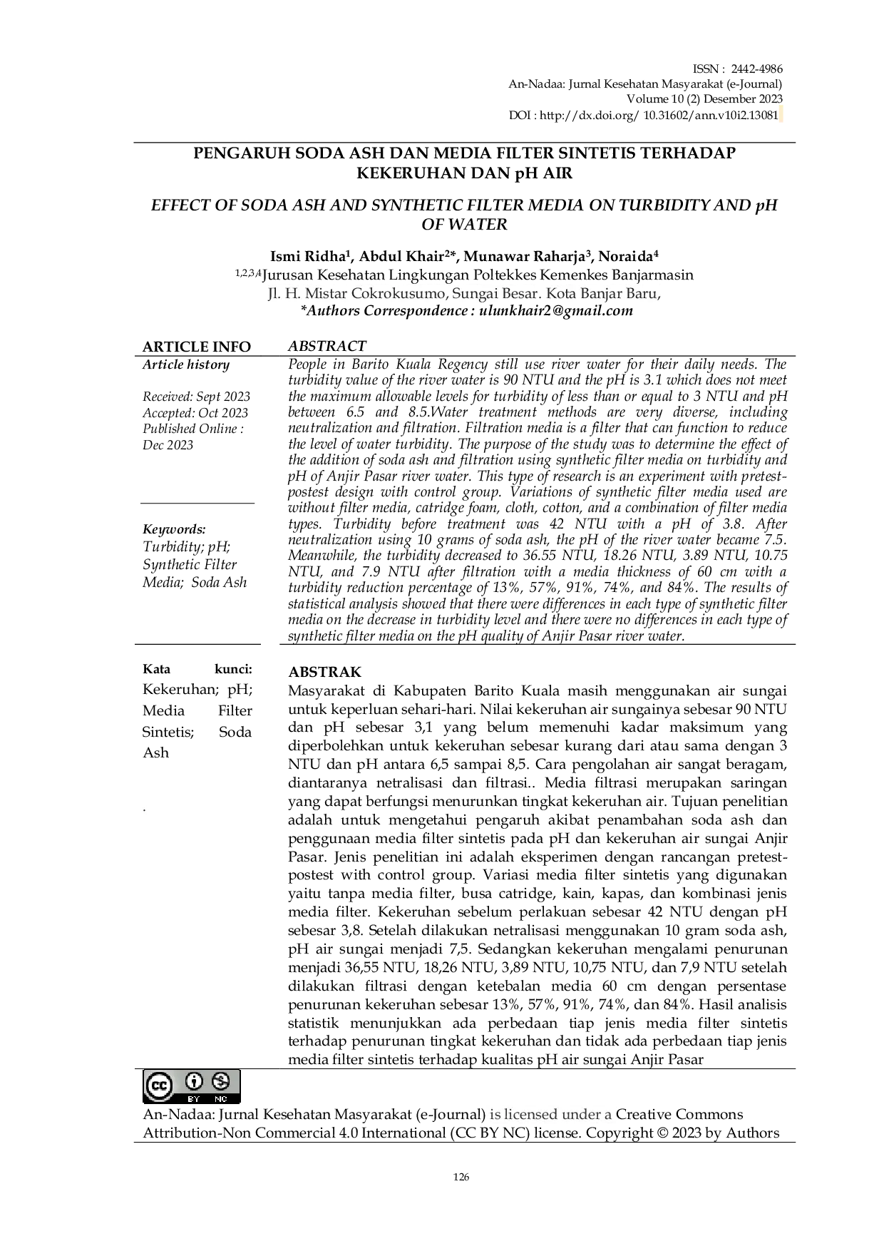 JURIS Pengaruh Soda Ash dan Media Filter Sintetis Terhadap Kekeruhan dan pH Air