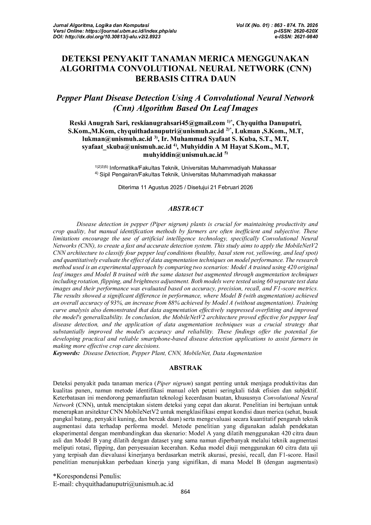 JURIS Deteksi Penyakit Tanaman Merica Menggunakan Algoritma Convolutional Neural Network CNN Berbasis Citra Daun