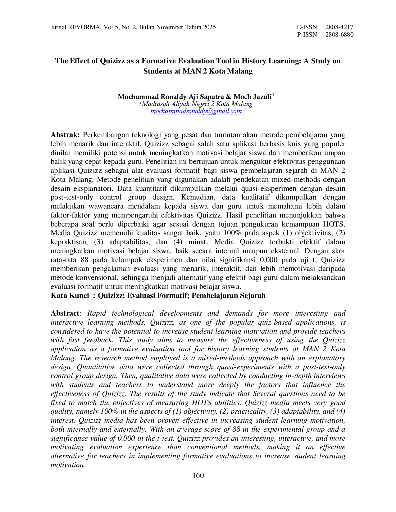 JURIS The Effect of Quizizz as a Formative Evaluation Tool in History Learning A Study on Students at MAN 2 Kota Malang
