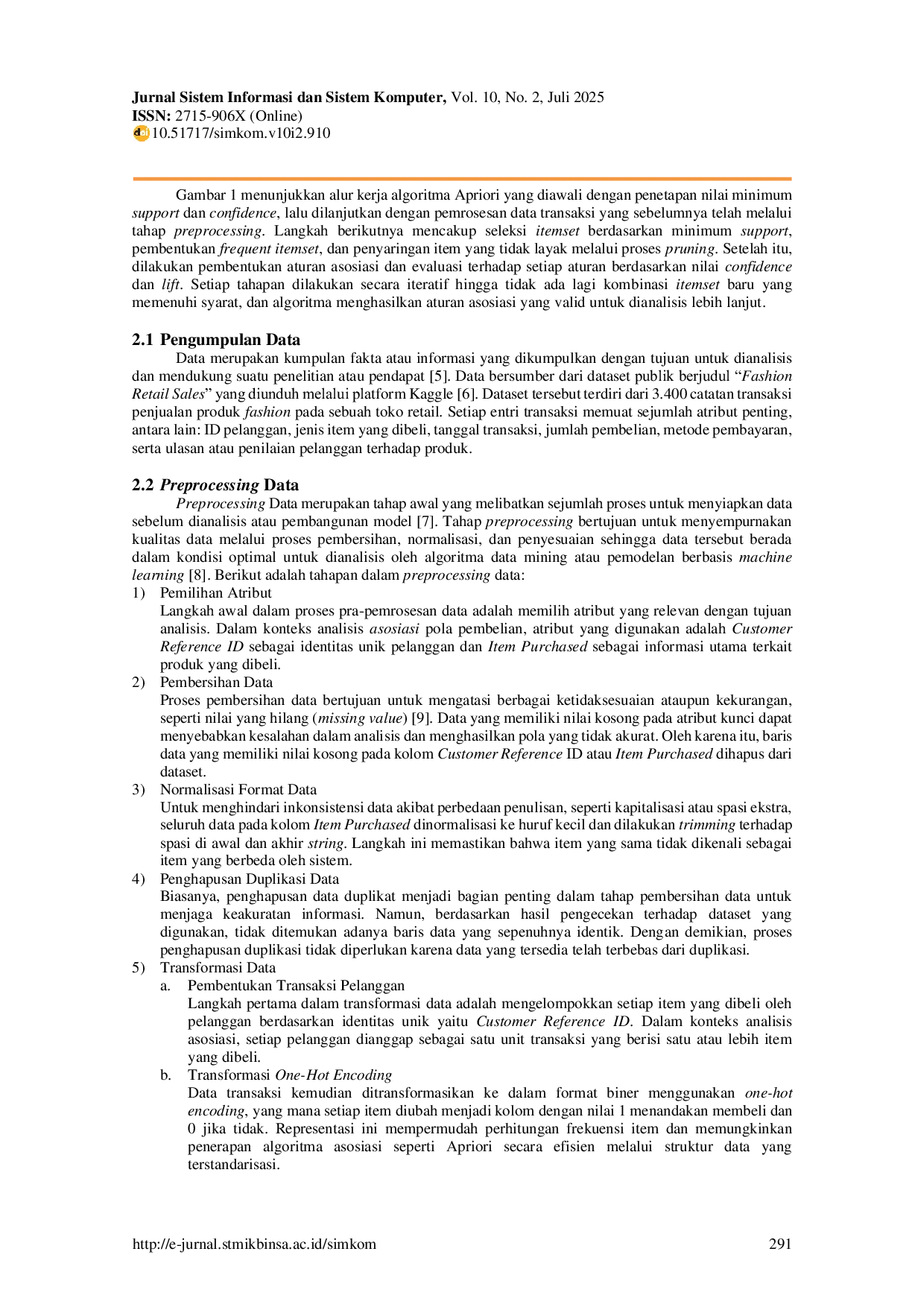 JURIS Penerapan Algoritma Apriori Untuk Menemukan Pola Asosiasi Pada Data Penjualan Retail Fashion