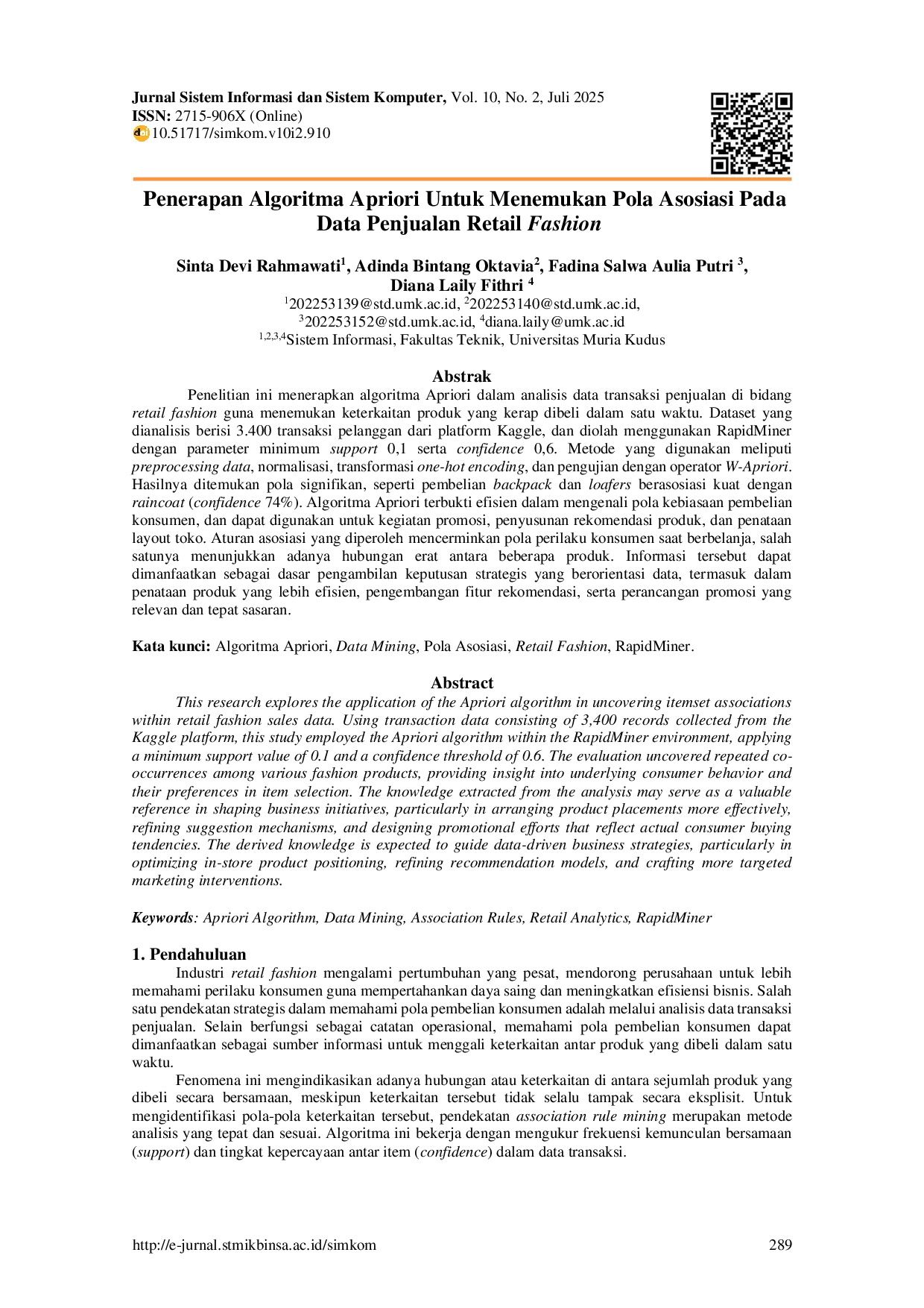 JURIS Penerapan Algoritma Apriori Untuk Menemukan Pola Asosiasi Pada Data Penjualan Retail Fashion